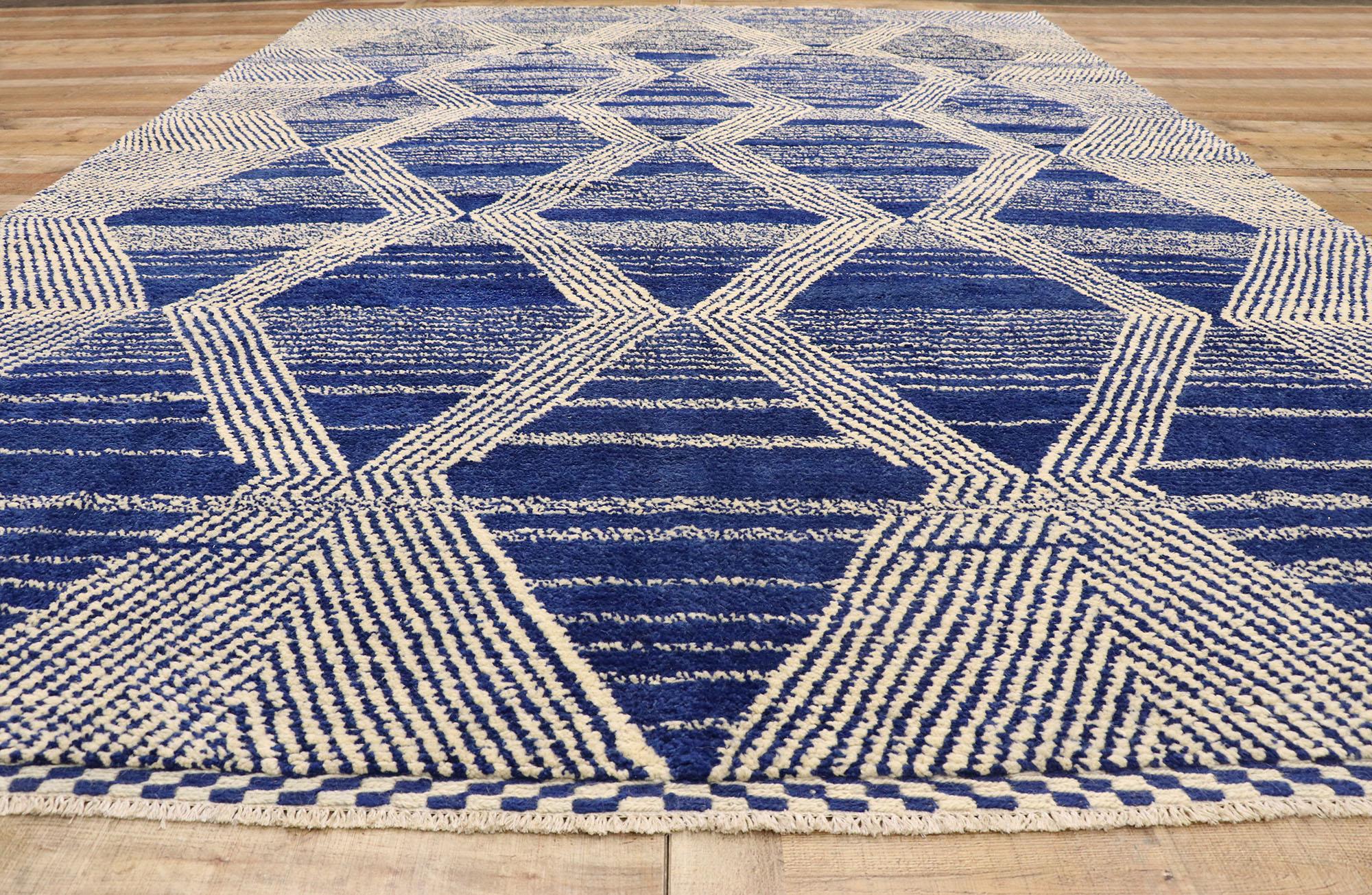 Contemporary Large Blue Modern Moroccan Rug, Cozy Nomad Meets Deconstructivist Style For Sale