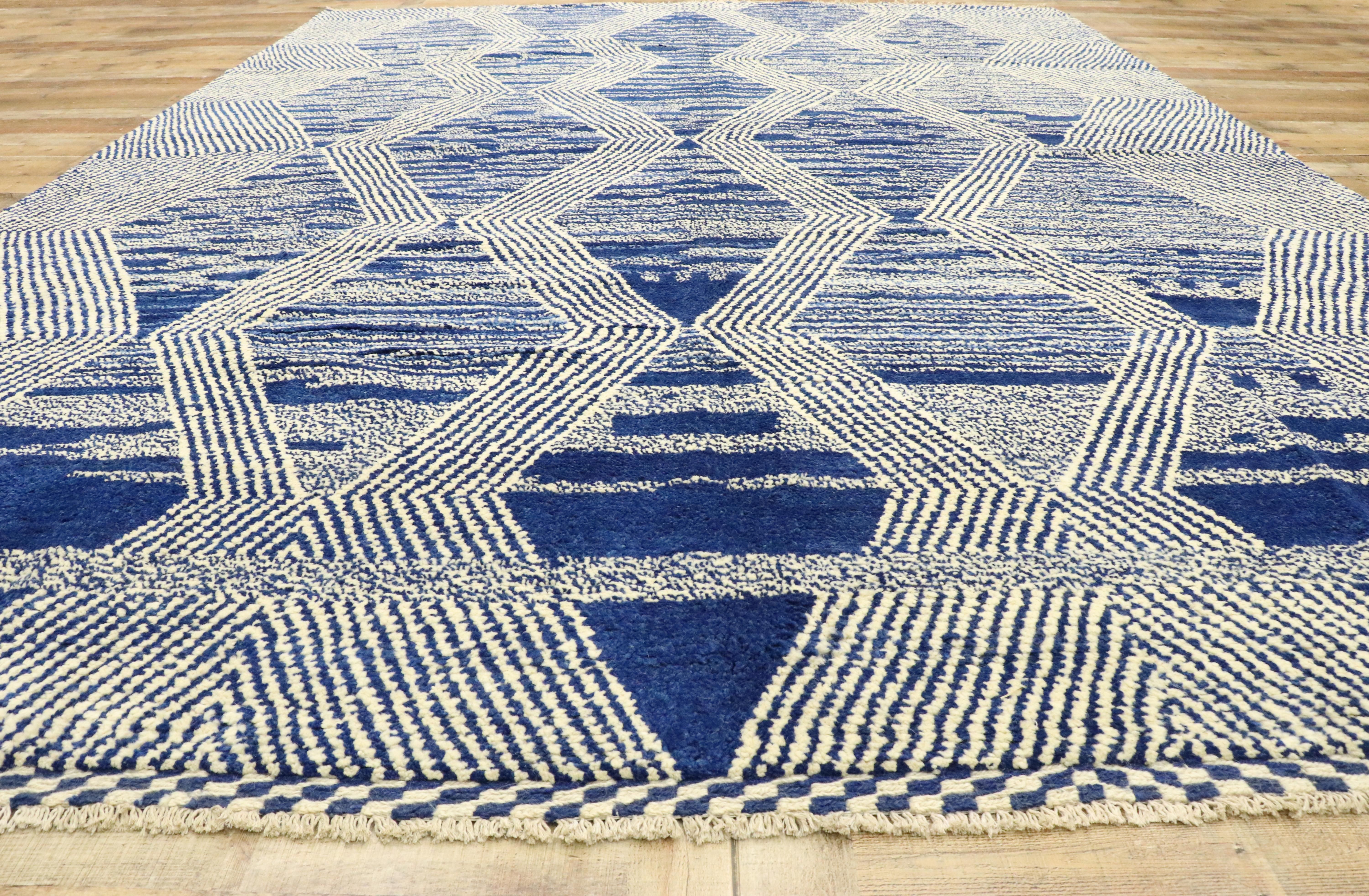 Contemporary Large Blue Modern Moroccan Rug, Deconstructivism Meets Cozy Nomad For Sale