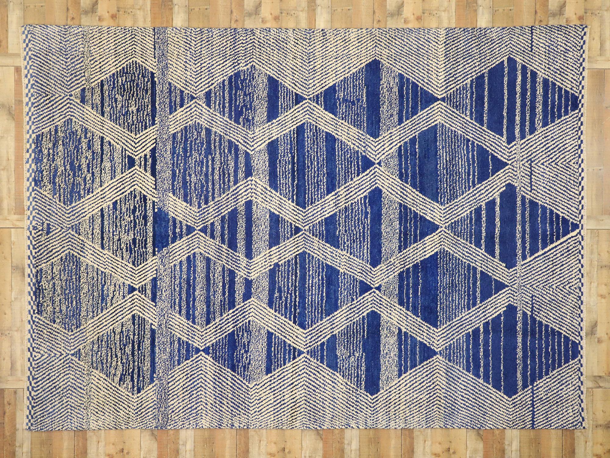 Wool Large Blue Modern Moroccan Rug, Cozy Nomad Meets Deconstructivist Style For Sale