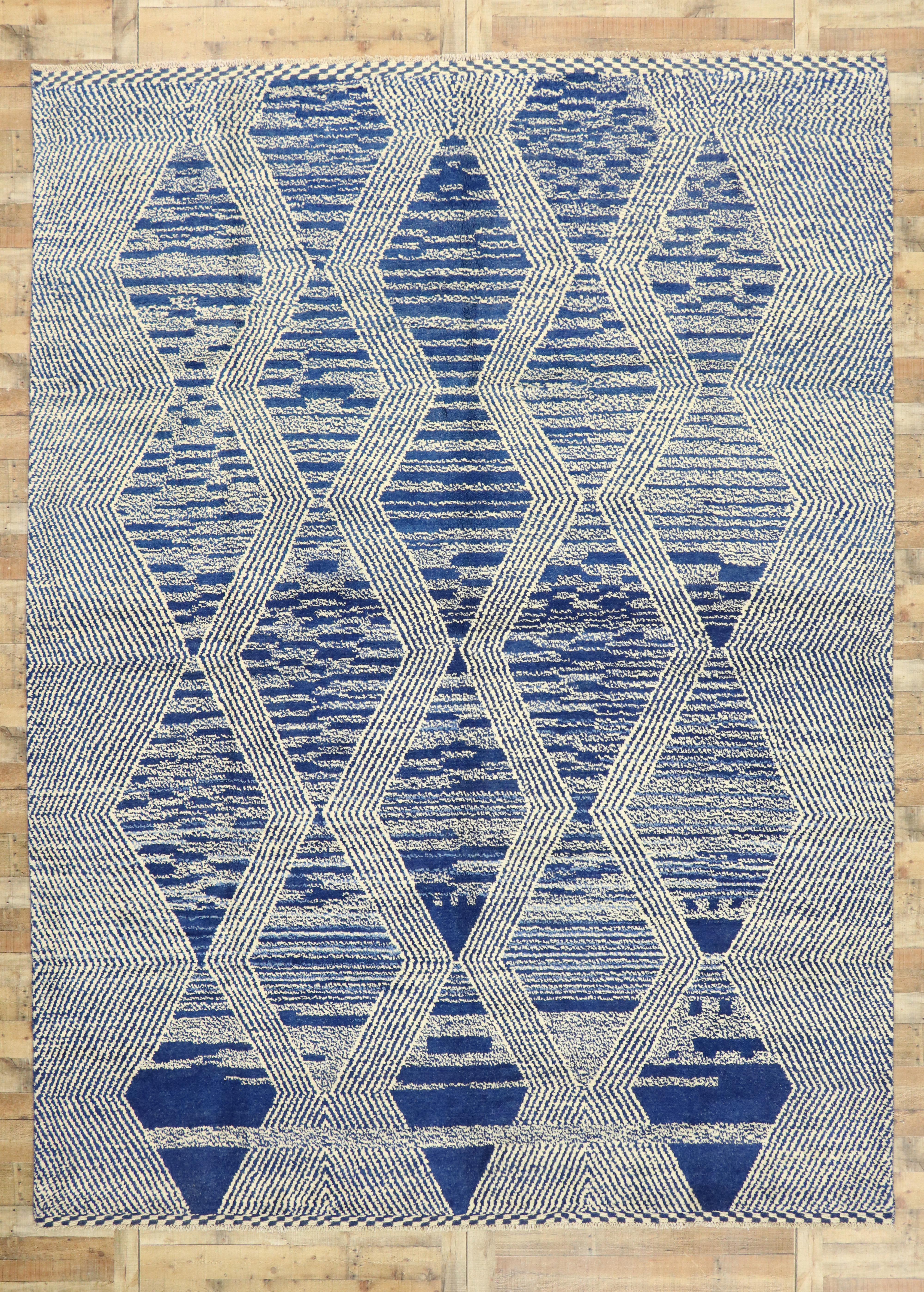 Wool Large Blue Modern Moroccan Rug, Deconstructivism Meets Cozy Nomad For Sale