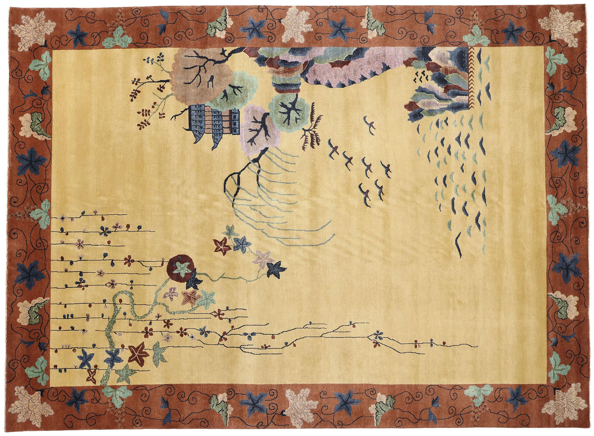 New Contemporary Golden Chinese Art Deco Style Rug For Sale 4