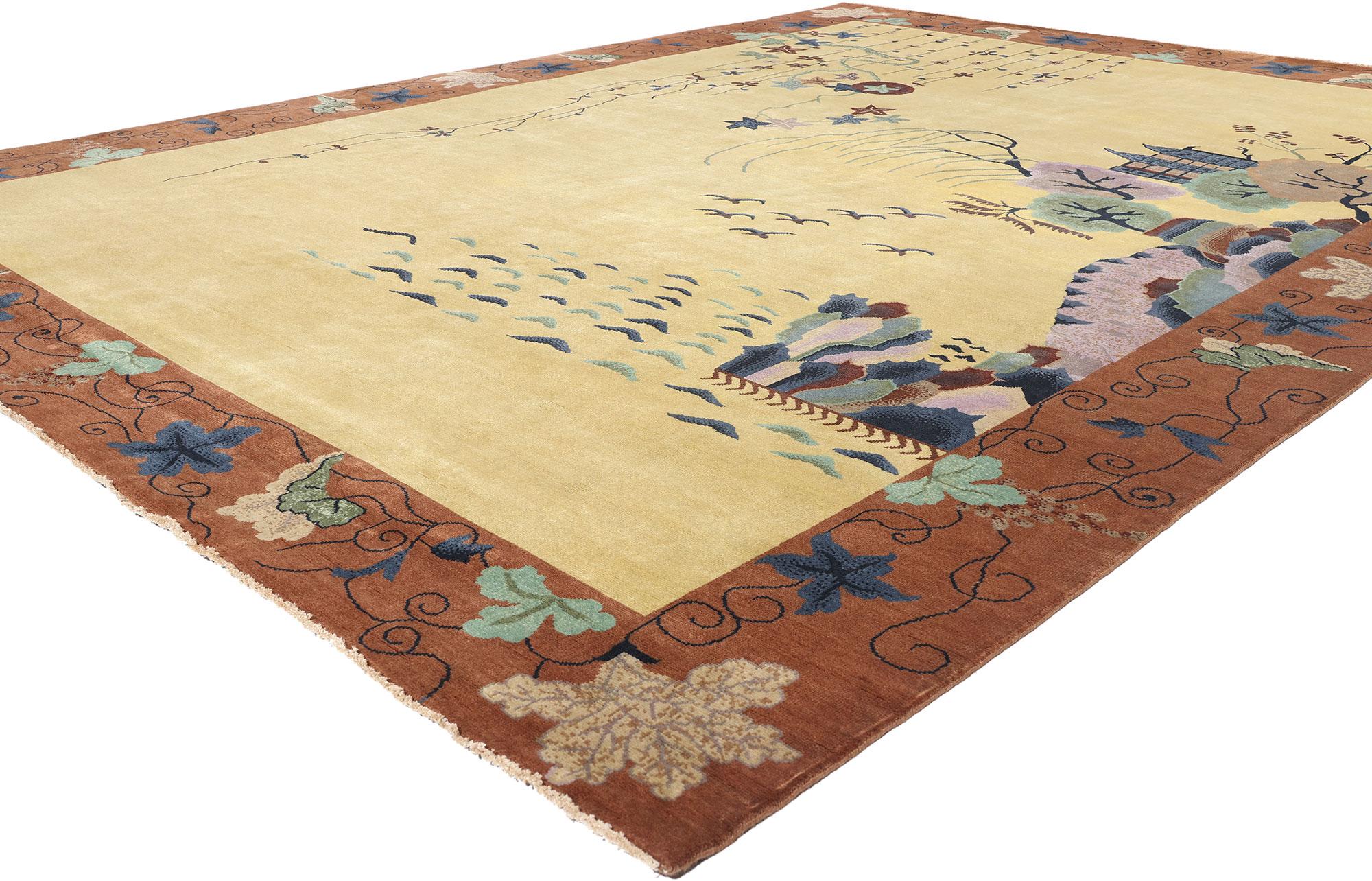 31319 Alfombra China Moderna Art Decó Pictórica, 09'09 x 12'11. Las modernas alfombras art déco chinas fabricadas en la India son adaptaciones contemporáneas de diseños art déco chinos de principios del siglo XX. Estas alfombras presentan colores