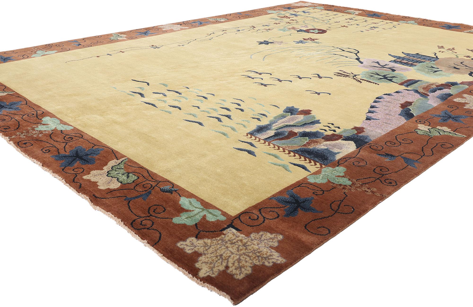 31320 Modern Chinese Art Deco Pictorial Rug, 08'11 x 12'02. Modern Chinese Art Deco pictorial rugs made in India are contemporary adaptations of early 20th-century Chinese Art Deco designs. These rugs feature vibrant colors, bold geometric patterns,
