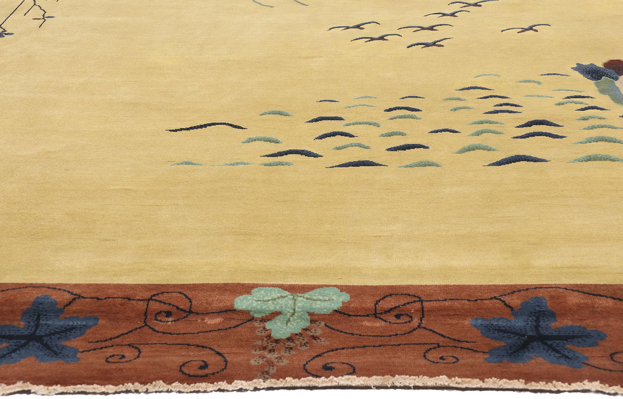 Nueva Alfombra Contemporánea Dorada Estilo Art Decó Chino Anudado a mano en venta