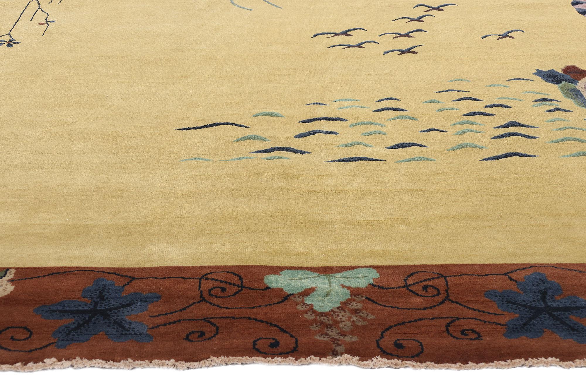 Hand-Knotted New Contemporary Golden Chinese Art Deco Style Rug For Sale