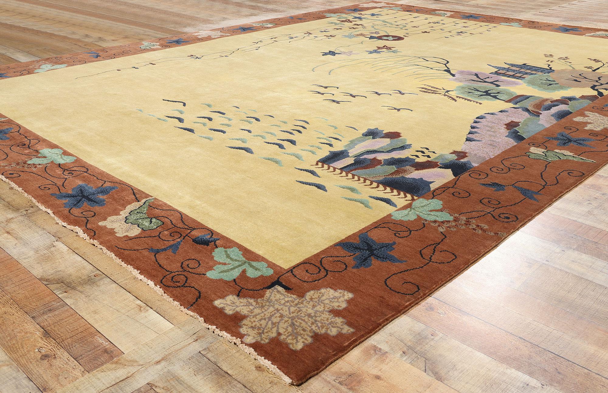 Nueva Alfombra Contemporánea Dorada Estilo Art Decó Chino Lana en venta