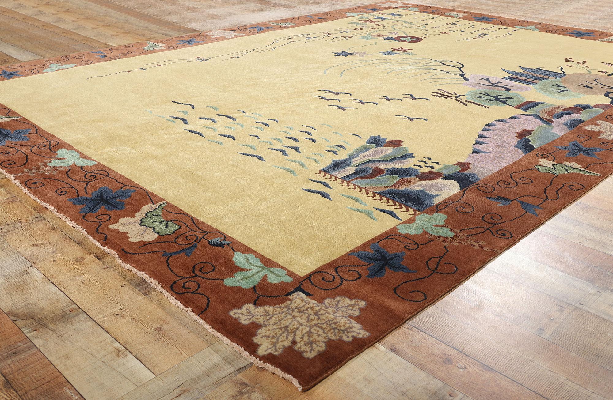 New Contemporary Golden Chinese Art Deco Style Rug For Sale 1
