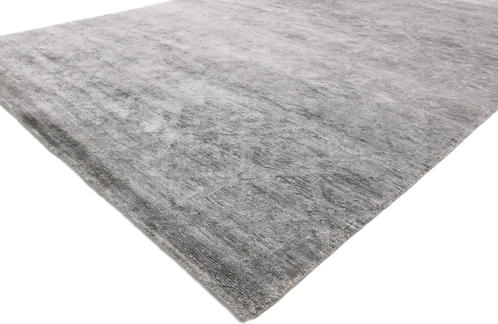 30465, Contemporary Gray Area Rug with Scandi-Modern and New Nordic Style 06'01 x 09'02. This hand knotted wool contemporary area rug features a subtle all-over diamond lattice pattern spread across an abrashed gray field. Graceful floral detailing