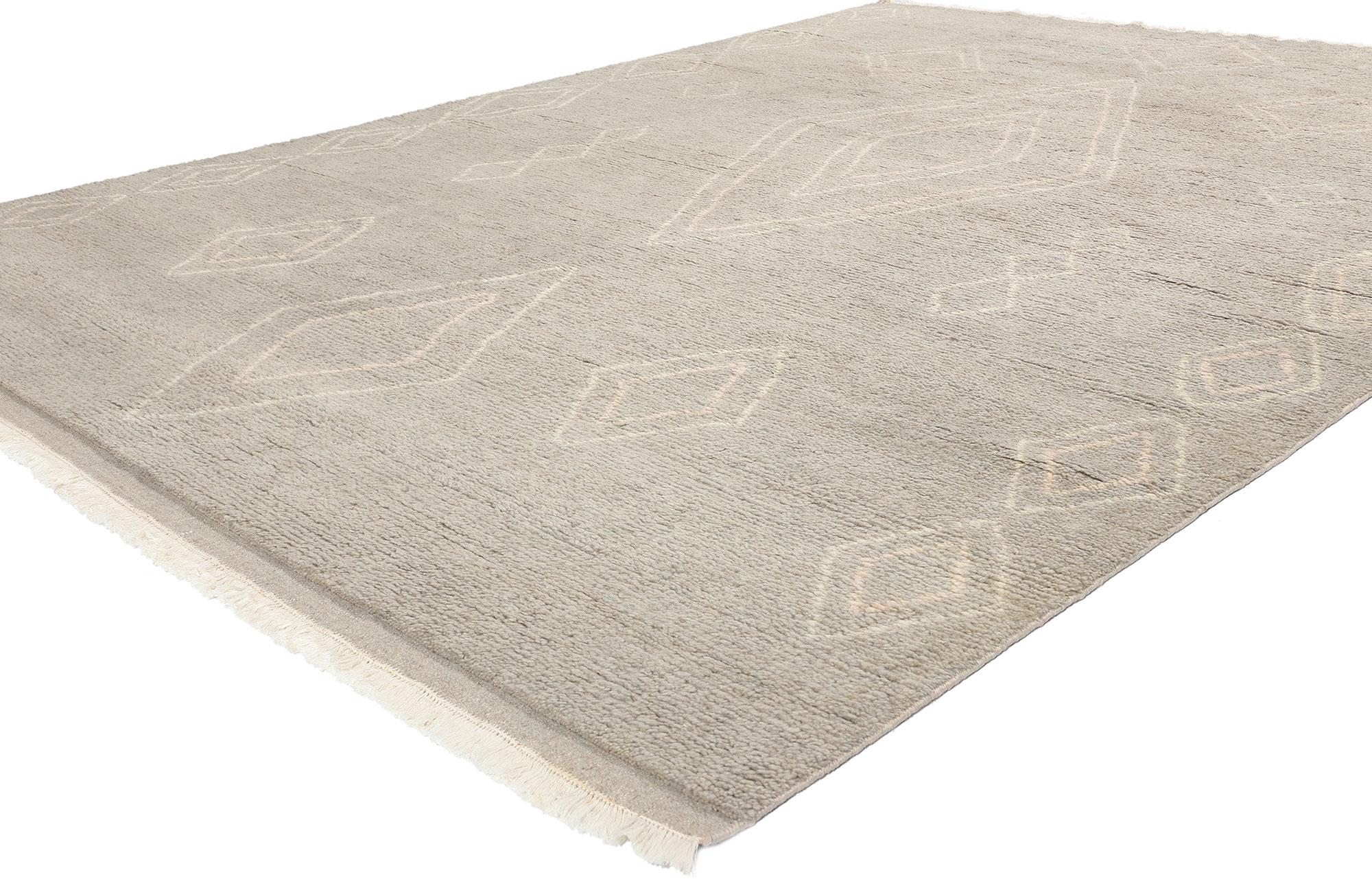 31276 Modern Tribal Grau Marokkanisch  Vorleger, 08'00 x 10'09. Die indisch-marokkanischen Teppiche integrieren nahtlos geometrische Formen, moderne Designs und symbolische Motive, die für das marokkanische Teppichhandwerk charakteristisch sind.
