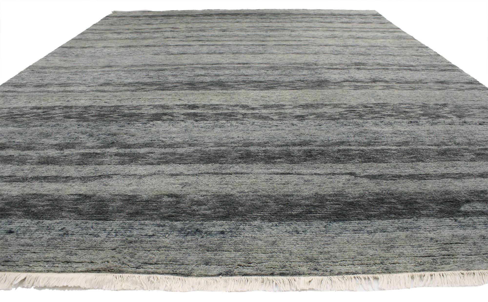 30361 Contemporary Moroccan Gray Area Rug with New Nordic Hygge Vibes and Bauhaus Style 10'01 x 13'05. This hand knotted wool contemporary Moroccan gray area rug features striated bands composed of gradations and rich waves of abrash creating an
