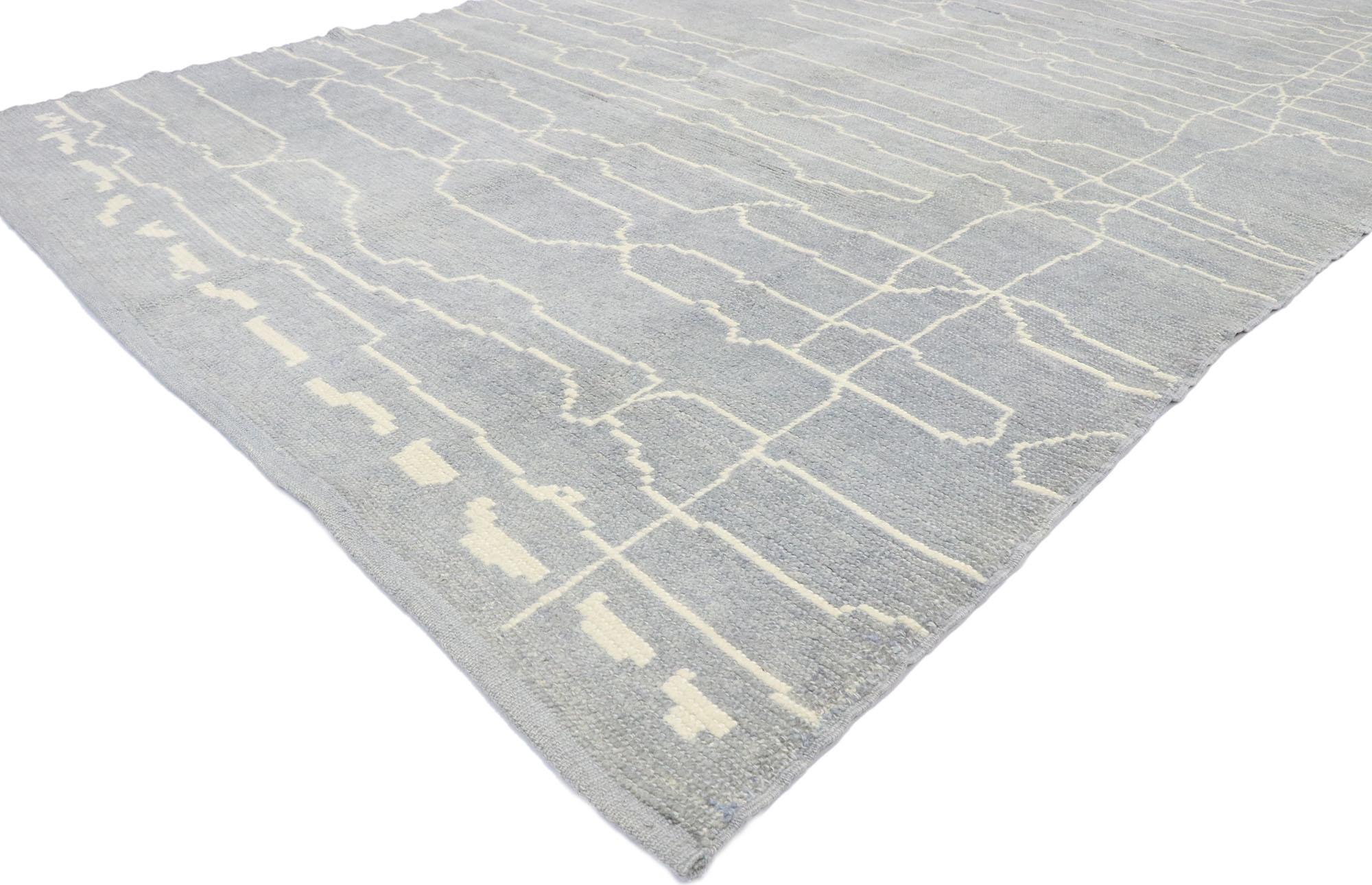 53453, new contemporary gray Moroccan style rug with modern linear design. This hand knotted wool contemporary Moroccan area rug features a combination of horizontal scribbles of line and space in an organic manner spread across the abrashed gray