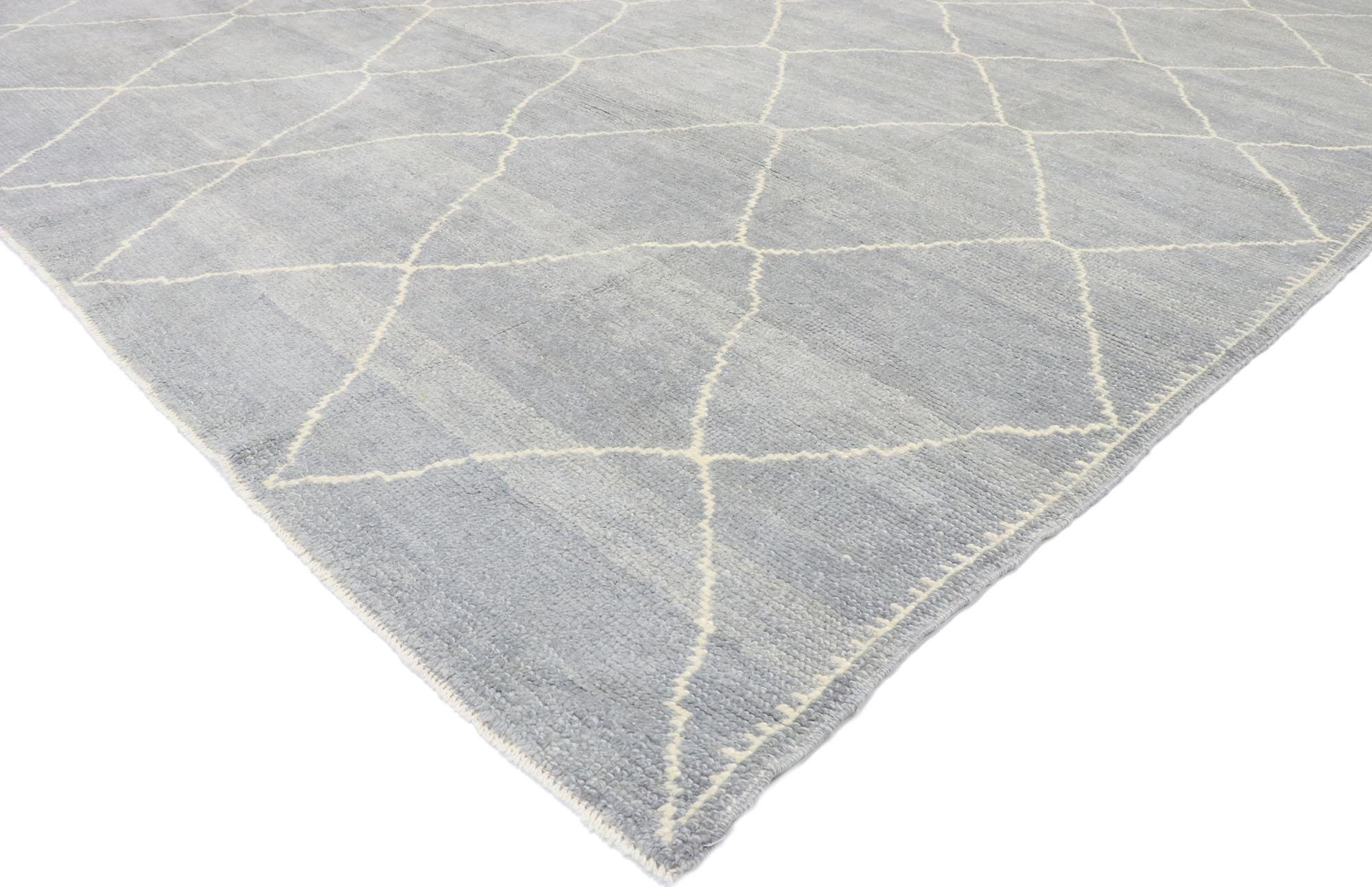 53439 New Contemporary Gray Moroccan style rug with Modern Trellis design. This hand knotted wool new contemporary Moroccan rug features an all-over diamond lattice pattern spread across an abrashed gray field. The beige lines of this piece create