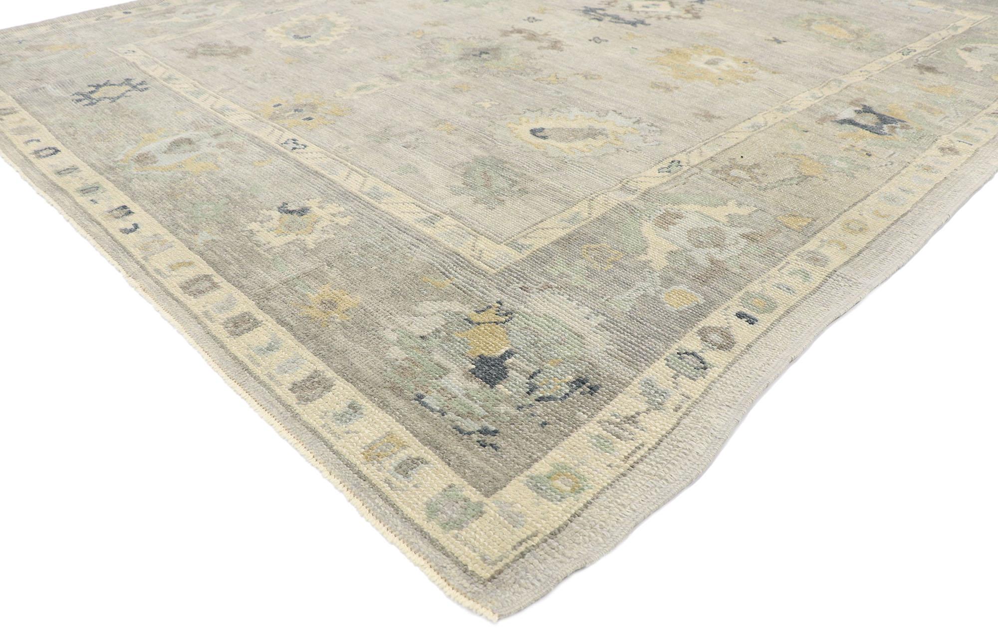 53502, new contemporary gray Turkish Oushak rug with Calming Coastal style. Blending elements from the modern world with a calming coastal color palette, this hand knotted wool contemporary Turkish Oushak rug is poised to impress. The geometric