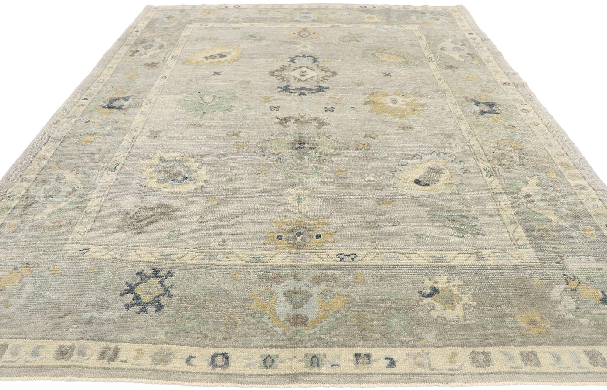 Hand-Knotted New Contemporary Gray Turkish Oushak Rug with Calming Coastal Style