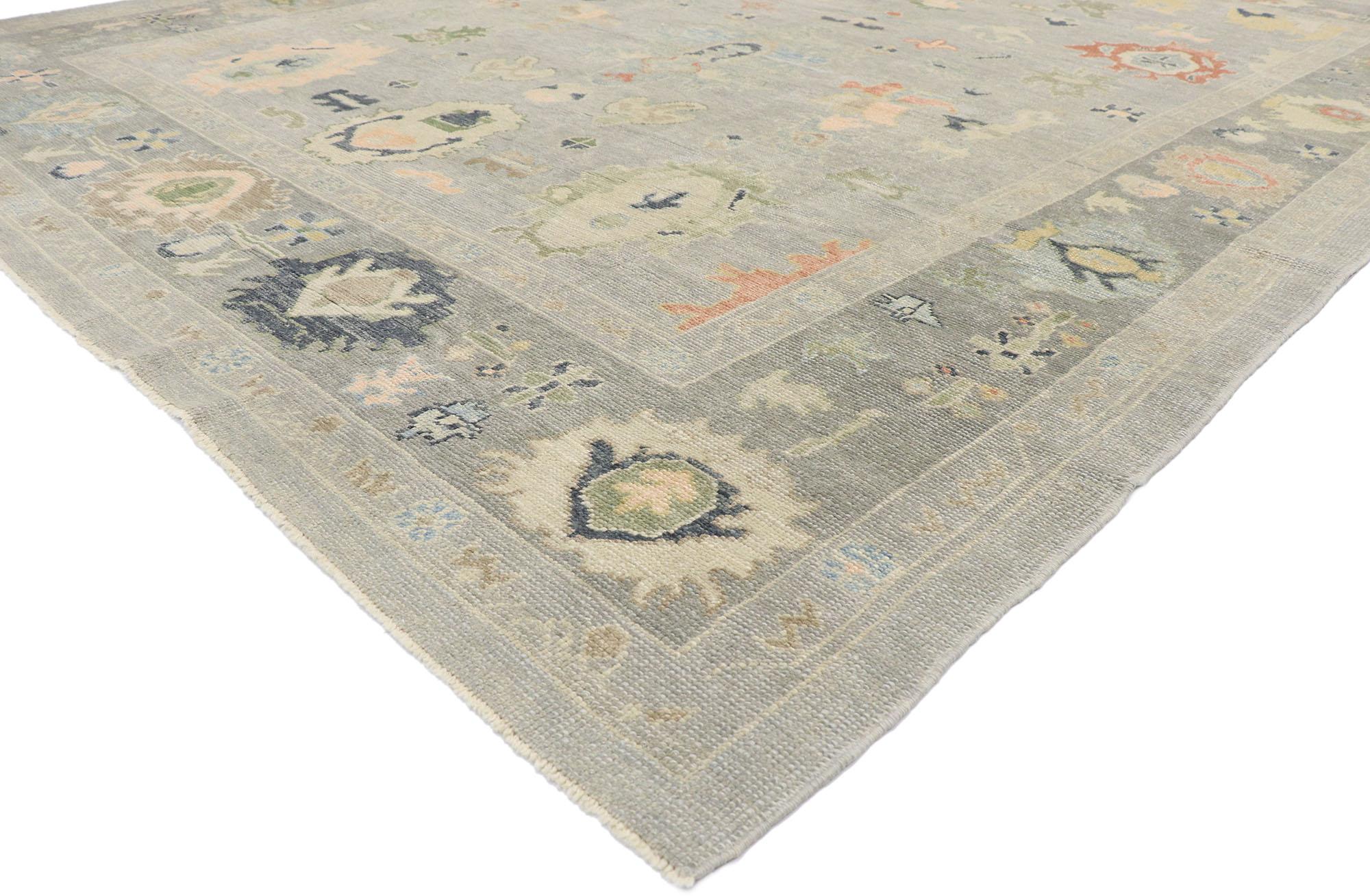 53500, new contemporary gray Turkish Oushak rug with Modern Coastal Cottage style. Polished and playful with soft colors, this hand-knotted wool contemporary Turkish Oushak rug features an all-over botanical pattern spread across an abrashed gray