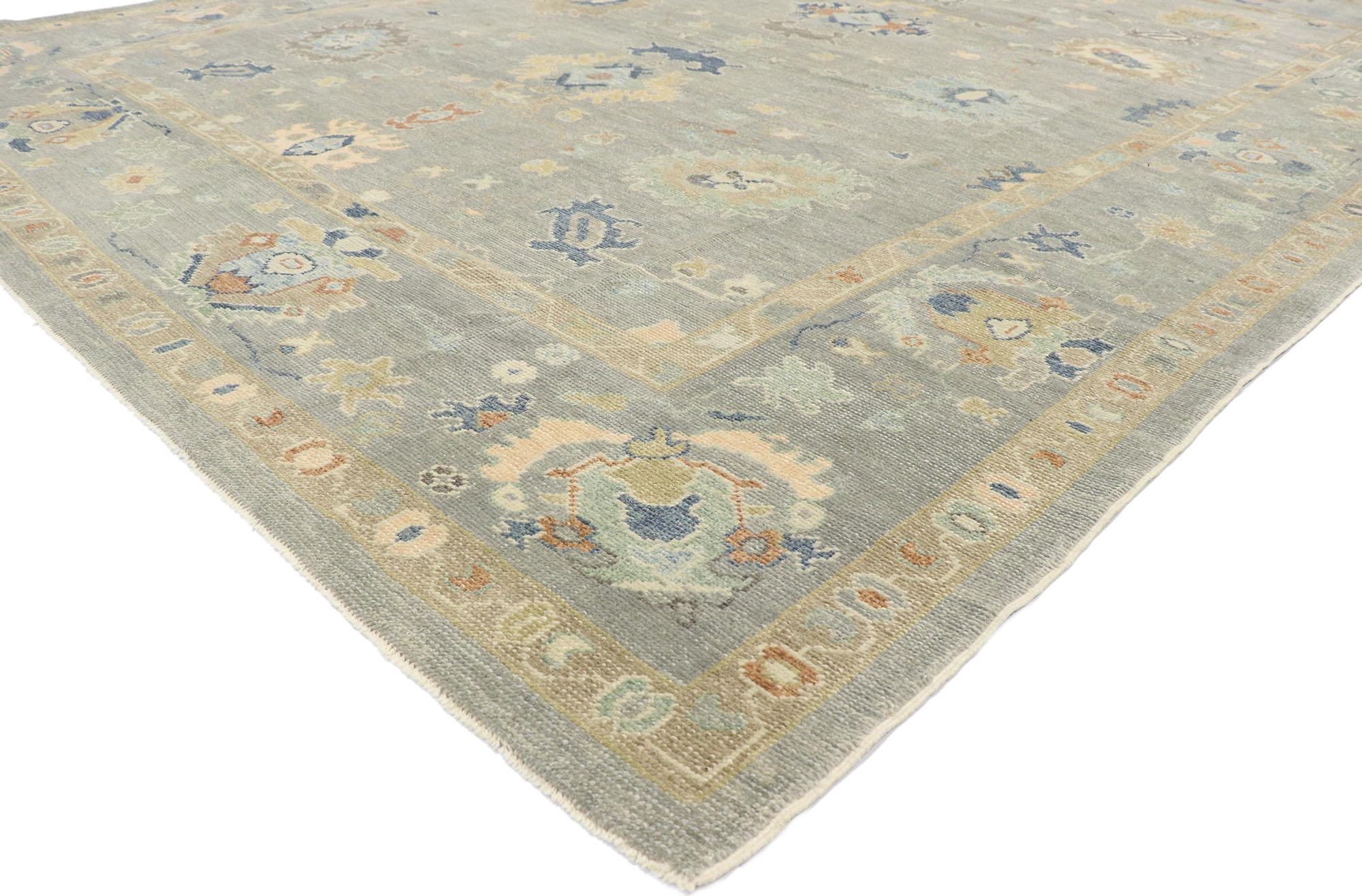 53495, new contemporary gray Turkish Oushak rug with modern coastal cottage style. Polished and playful with soft colors, this hand-knotted wool contemporary Turkish Oushak rug features an all-over botanical pattern spread across an abrashed dove