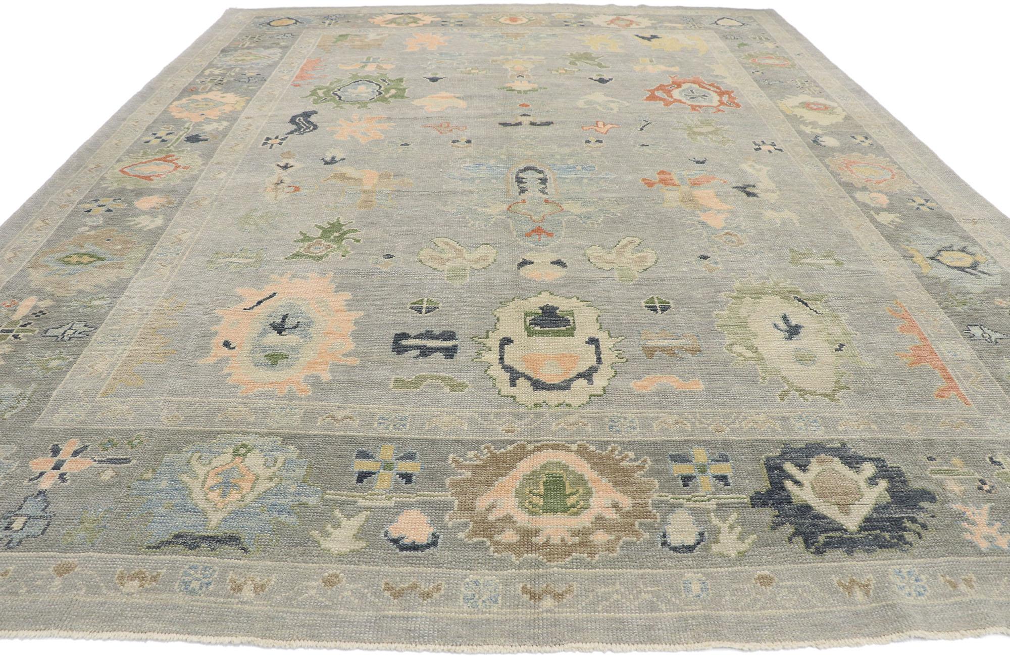 Hand-Knotted New Contemporary Gray Turkish Oushak Rug with Modern Coastal Cottage Style For Sale
