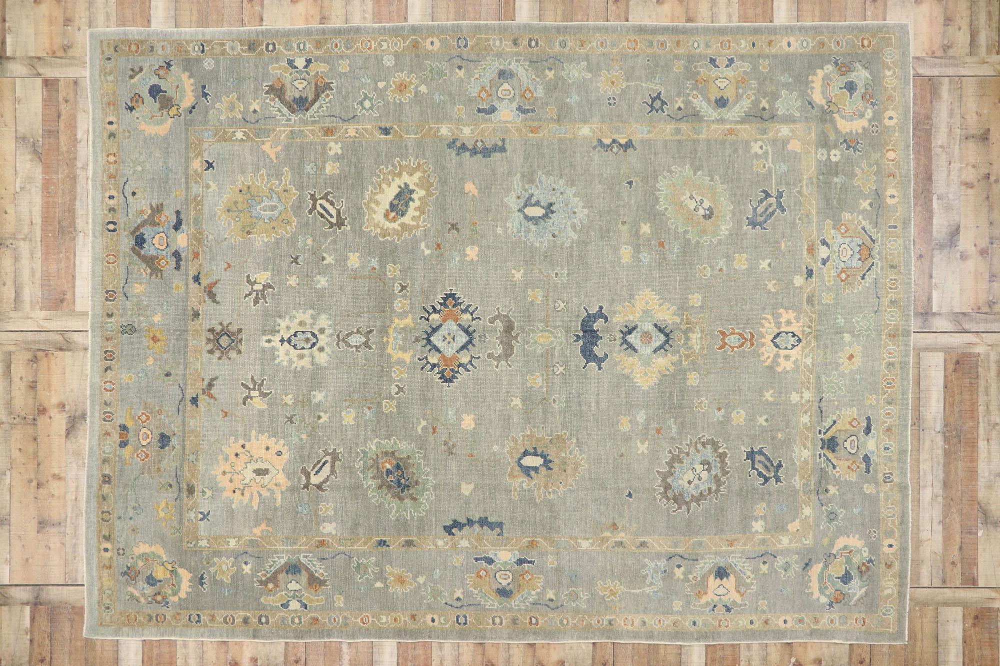 New Contemporary Gray Turkish Oushak Rug with Modern Coastal Cottage Style For Sale 3