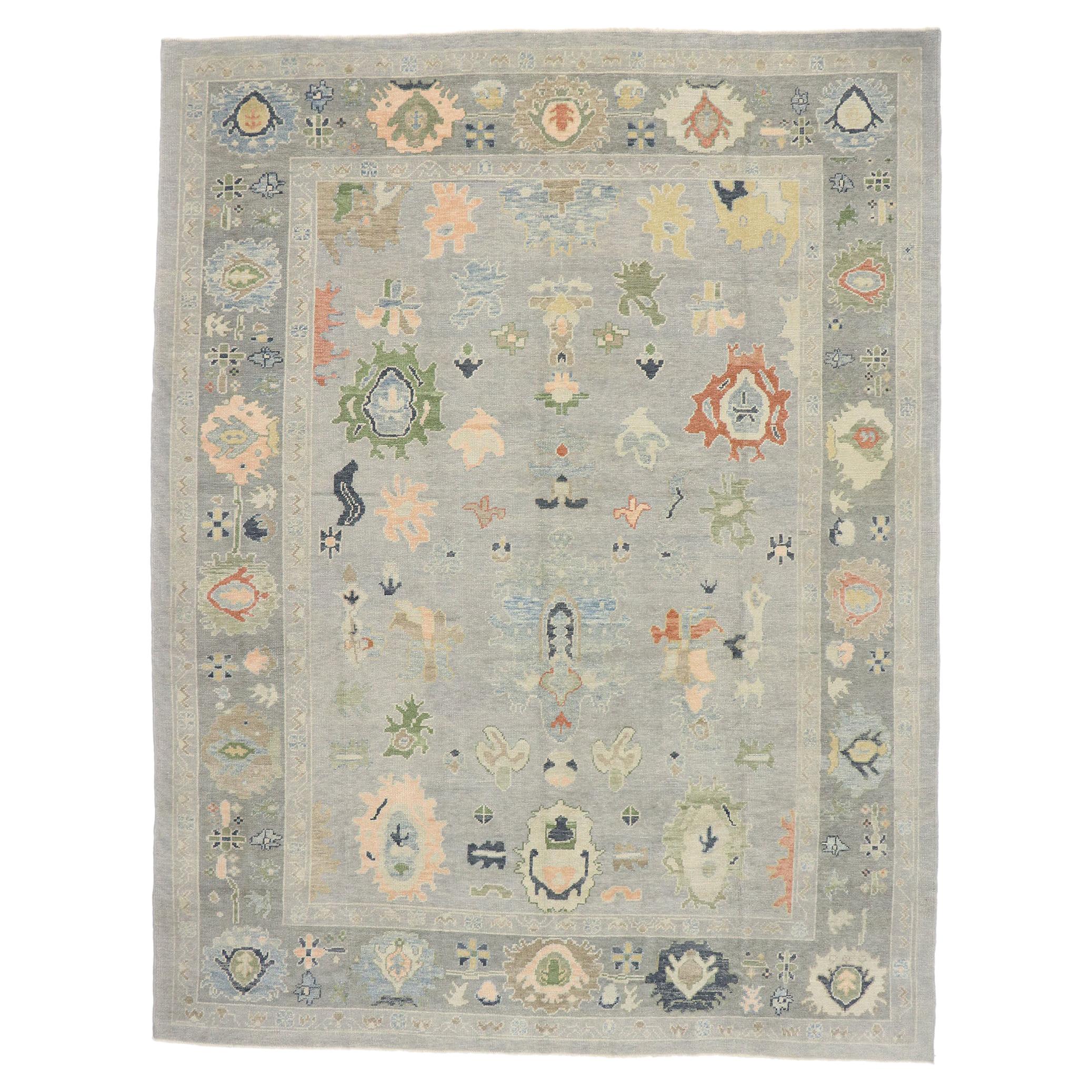 New Contemporary Gray Turkish Oushak Rug with Modern Coastal Cottage Style For Sale