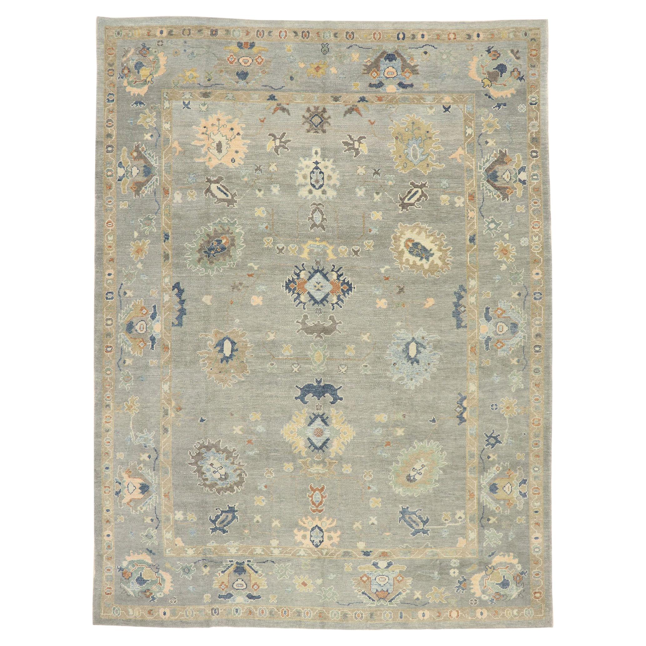 New Contemporary Gray Turkish Oushak Rug with Modern Coastal Cottage Style For Sale