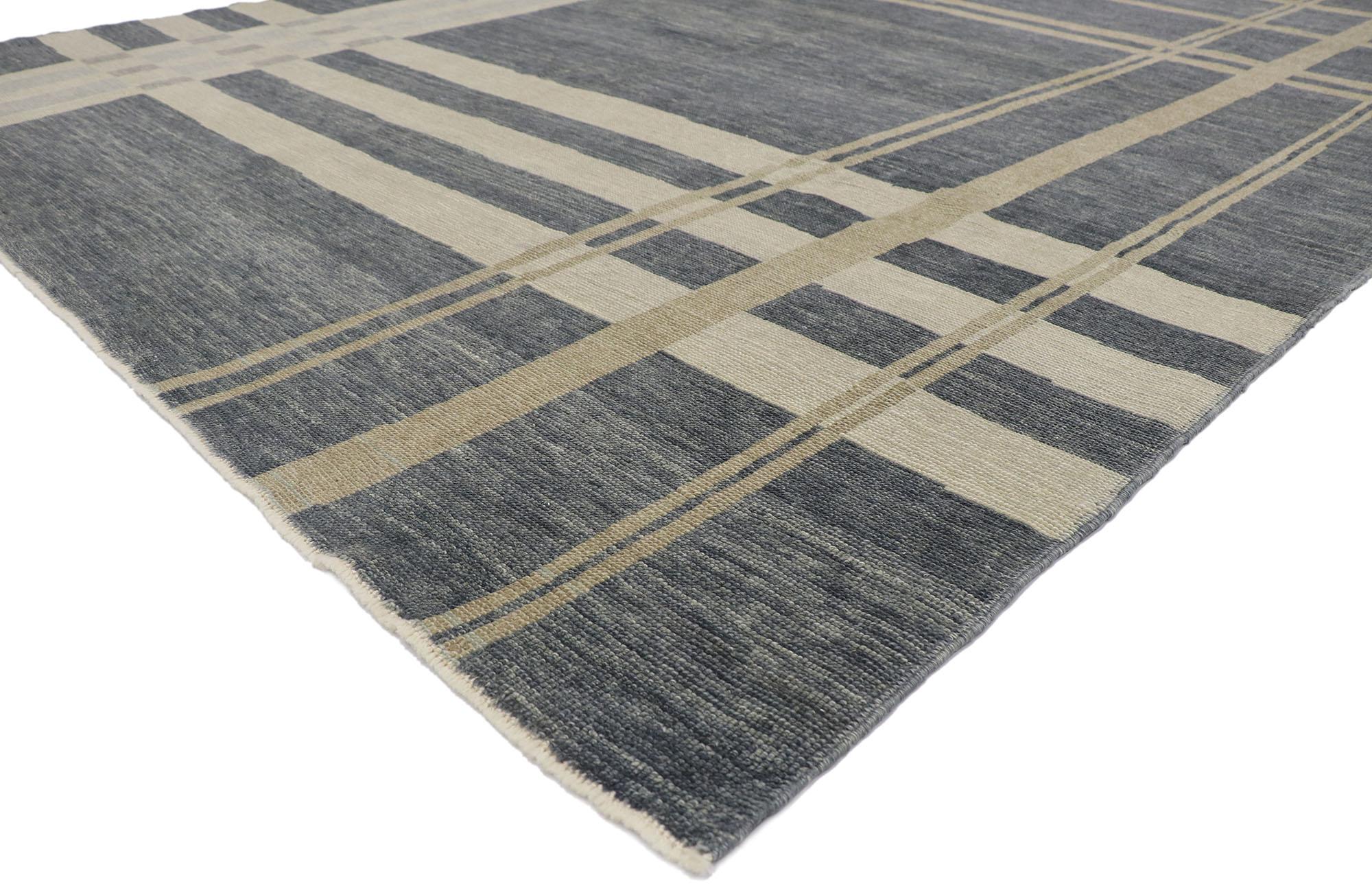53566 New Modern Gray Plaid Tartan Rug with Ivy League style 08'08 x 11'01. Displaying a charming masculine appeal and the embodiment of ivy league style, this hand knotted wool contemporary plaid tartan rug is a captivating vision of woven beauty
