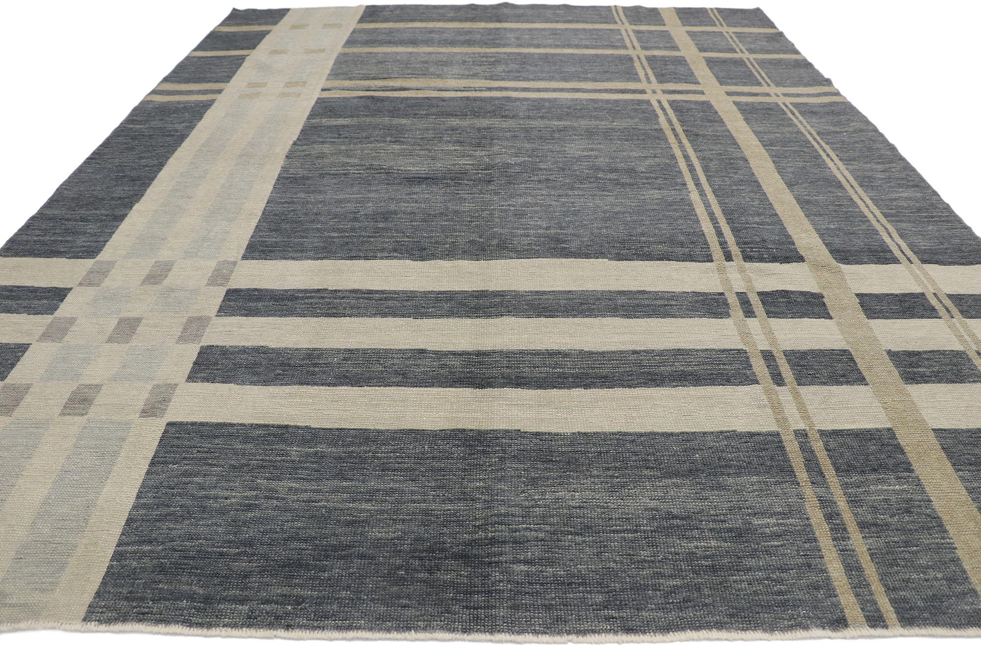 Turkish New Modern Gray Plaid Tartan Rug with Ivy League Style For Sale