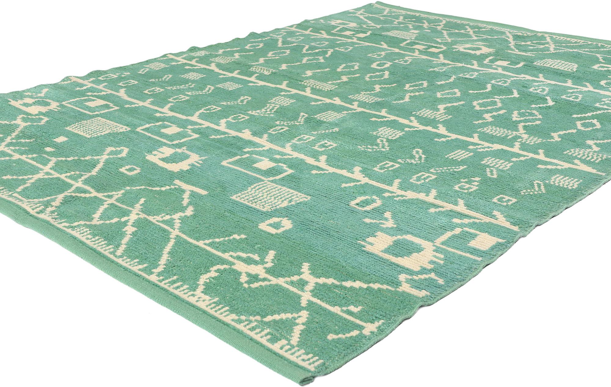 53193 New Green Turkish Moroccan Rug, 05'08 x 08'00. This enchanting hand-knotted wool Turkish Moroccan rug is a mesmerizing tableau of tradition and modern artistry, weaving together the nomadic soul of Moroccan design with the enduring legacy of