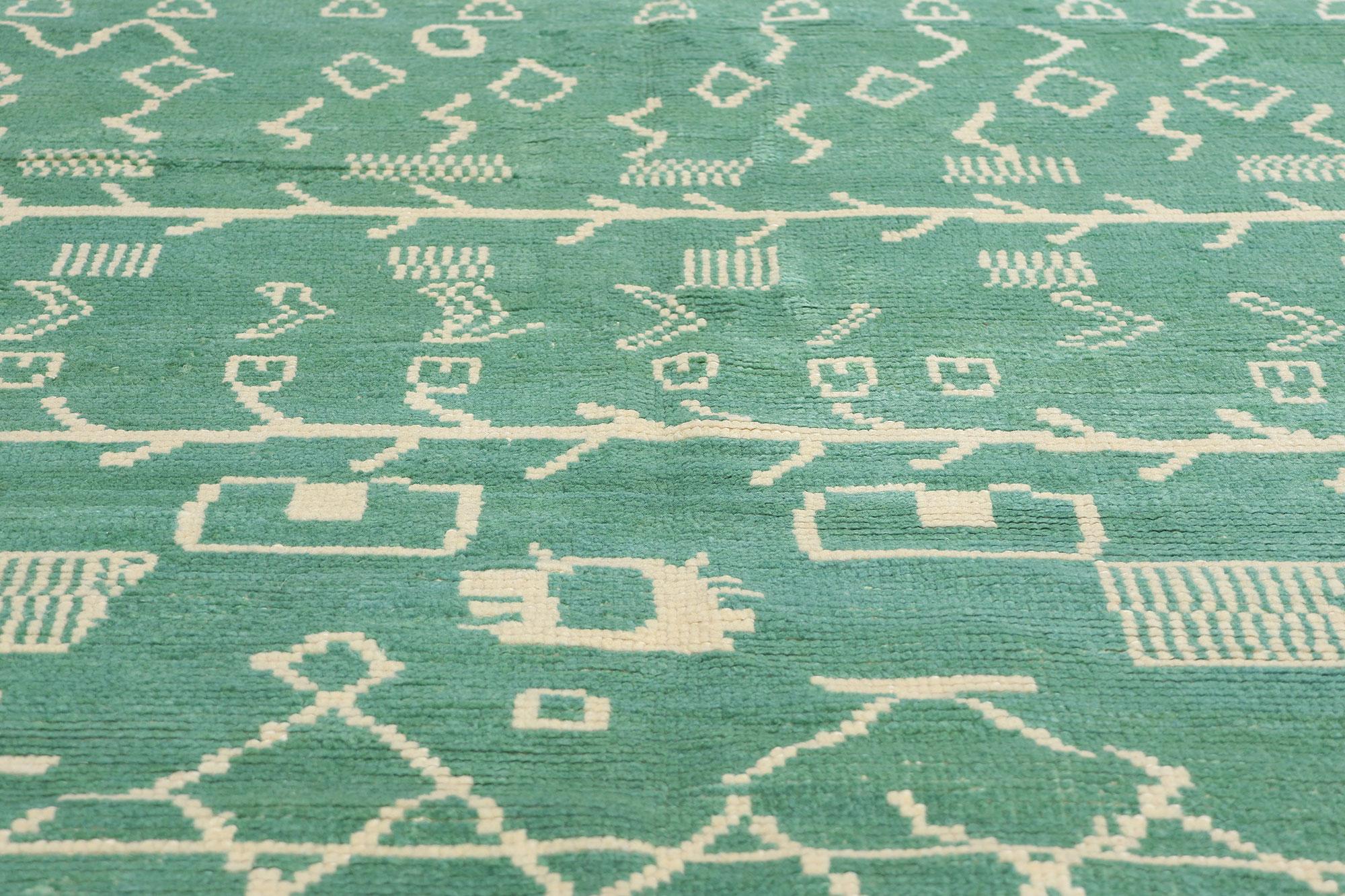 Hand-Knotted New Contemporary Green Moroccan Carpet with Tribal Style For Sale