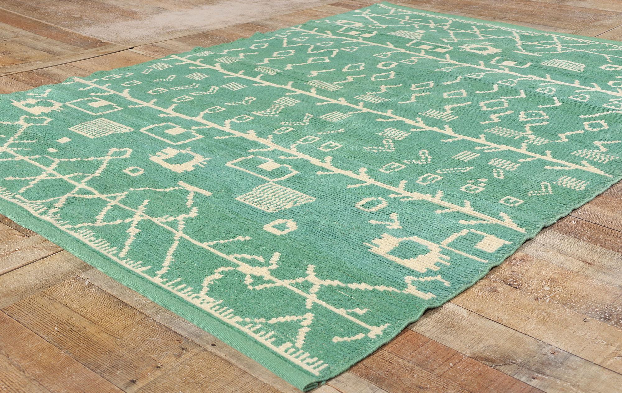 Wool New Contemporary Green Moroccan Carpet with Tribal Style For Sale