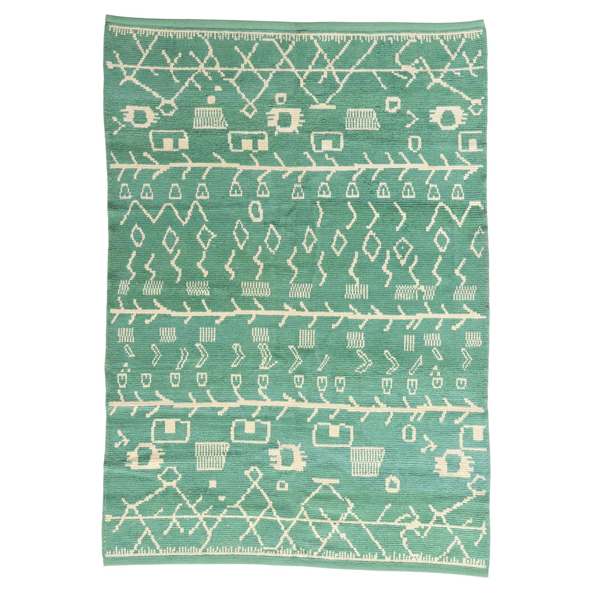 New Contemporary Green Moroccan Carpet with Tribal Style For Sale