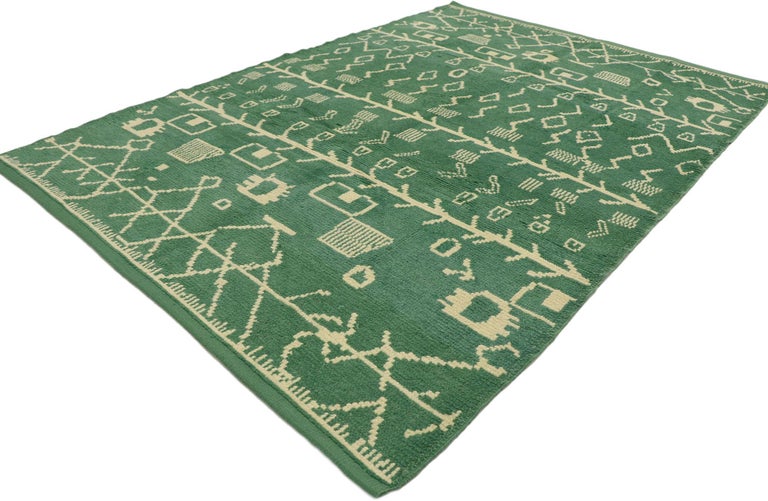 53193 New Contemporary Green Moroccan rug with Postmodern Tribal style. Displaying well-balanced asymmetry and geometric shapes with a bold use of green color, this hand knotted wool contemporary Moroccan style rug beautifully embodies a Postmodern