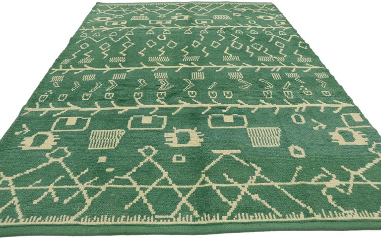 Turkish New Contemporary Green Moroccan Rug with Postmodern Tribal Style For Sale