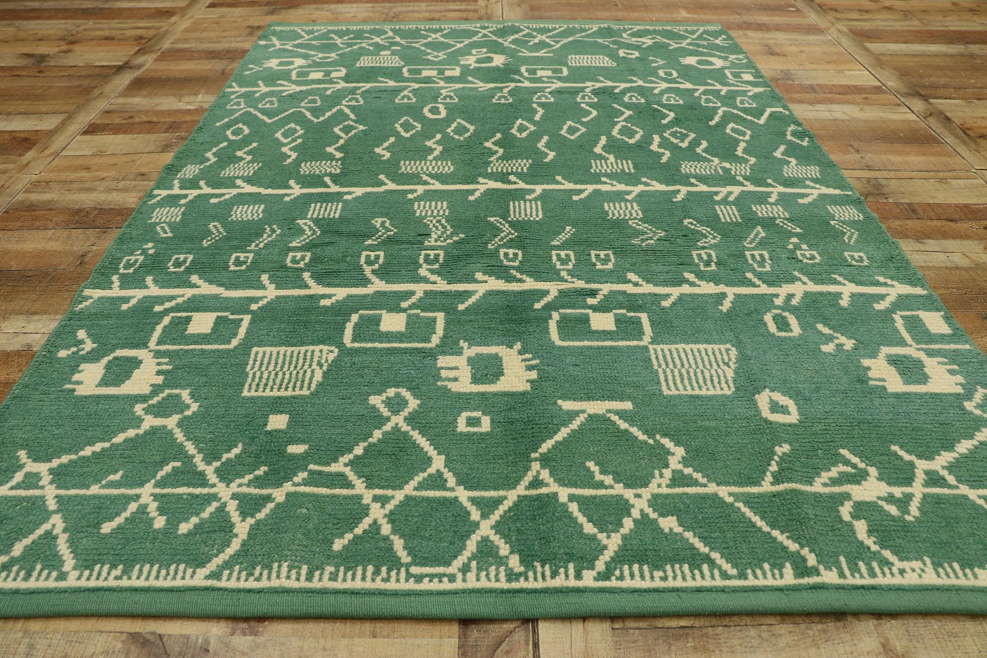 Hand-Knotted New Contemporary Green Moroccan Rug with Postmodern Tribal Style For Sale