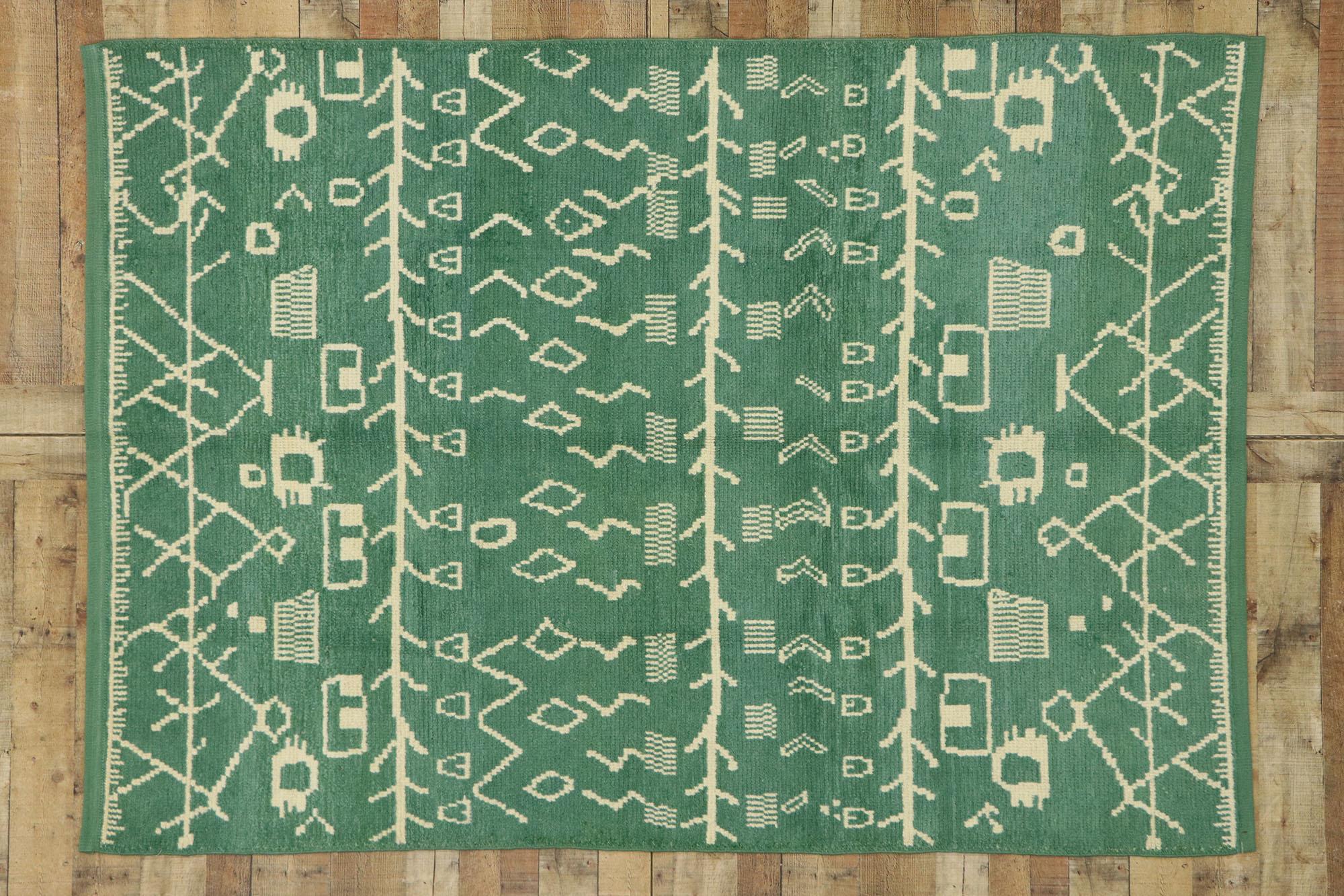New Contemporary Green Moroccan Rug with Postmodern Tribal Style In New Condition For Sale In Dallas, TX