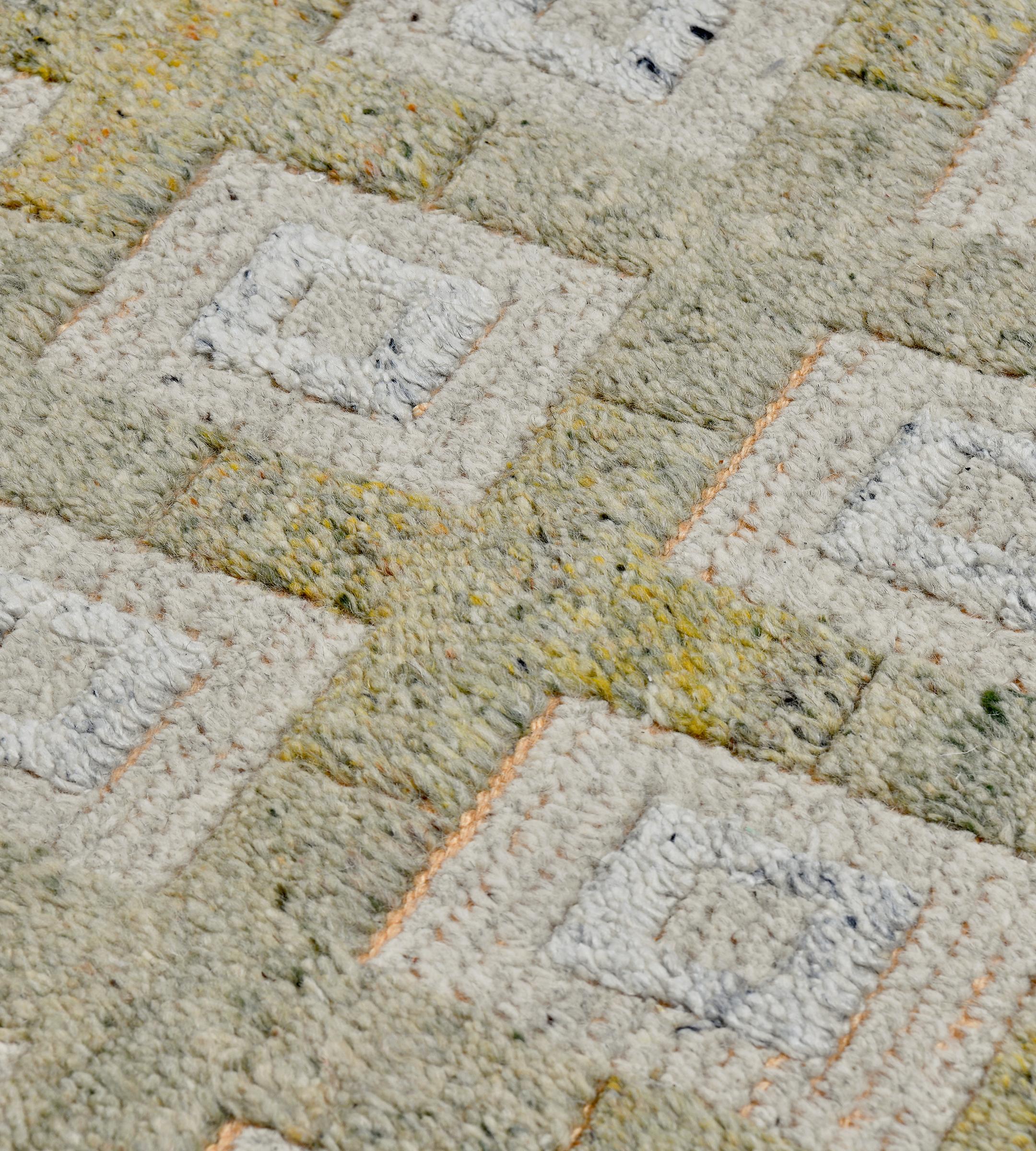 Indian New Contemporary Handwoven Wool Beige Squares Swedish-Inspired Rug For Sale