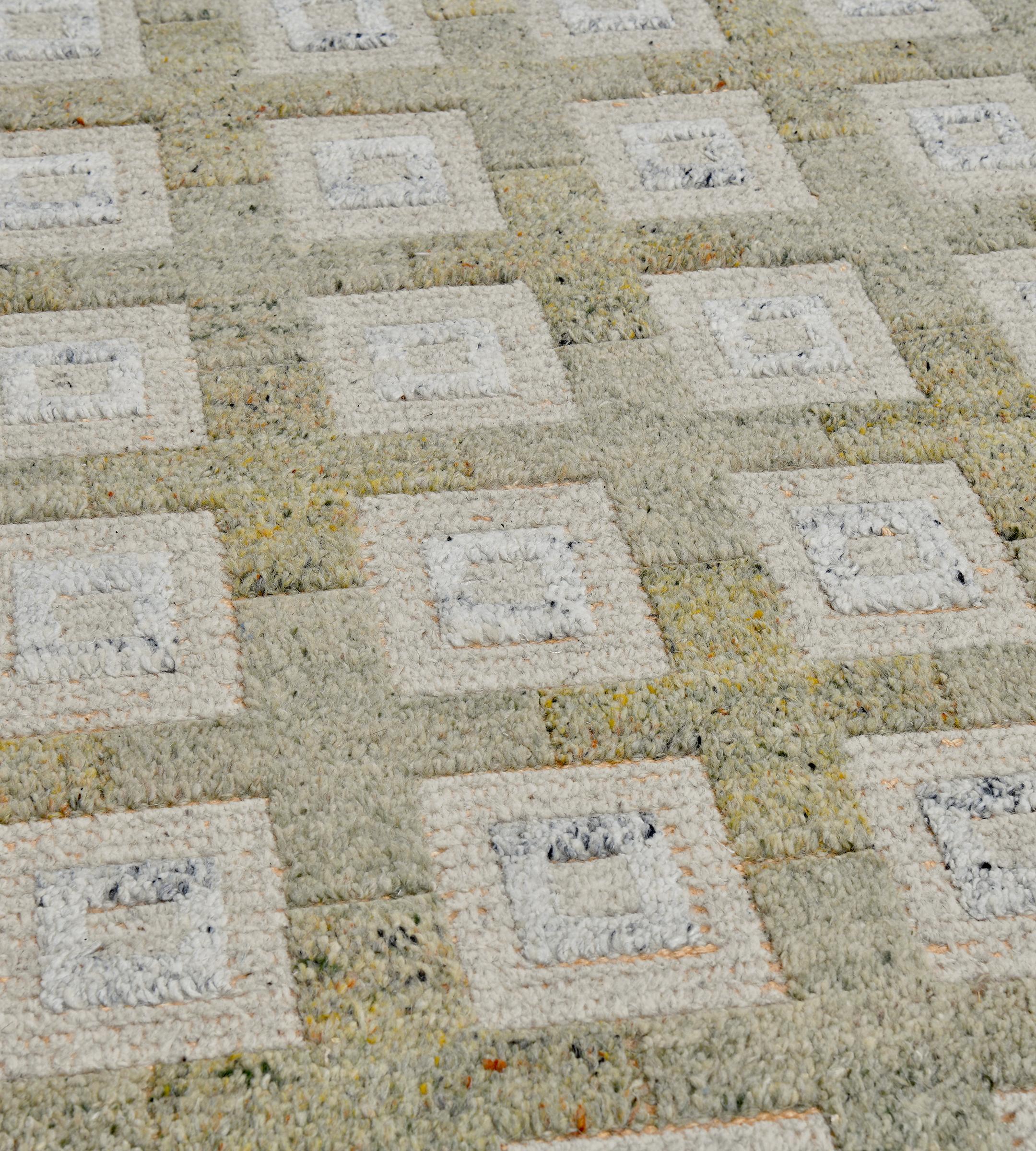 Hand-Knotted New Contemporary Handwoven Wool Beige Squares Swedish-Inspired Rug For Sale