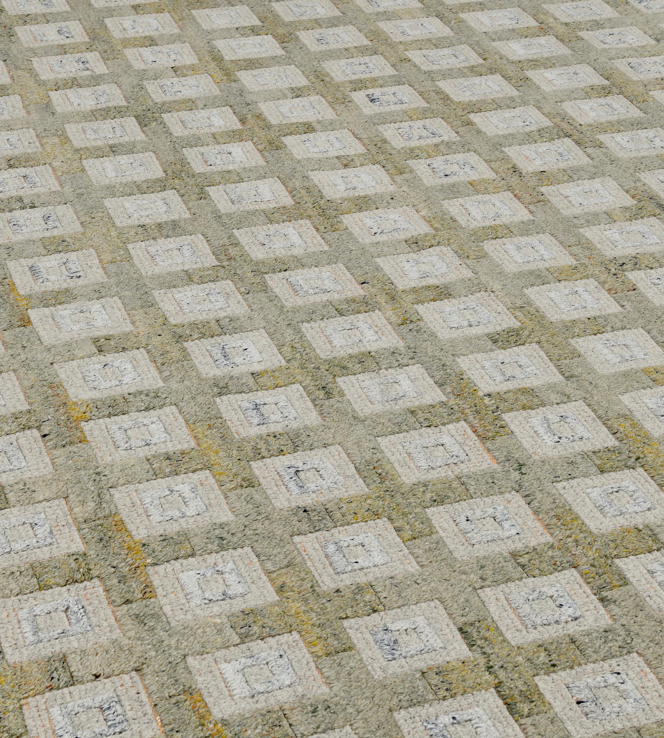 New Contemporary Handwoven Wool Beige Squares Swedish-Inspired Rug For Sale 1