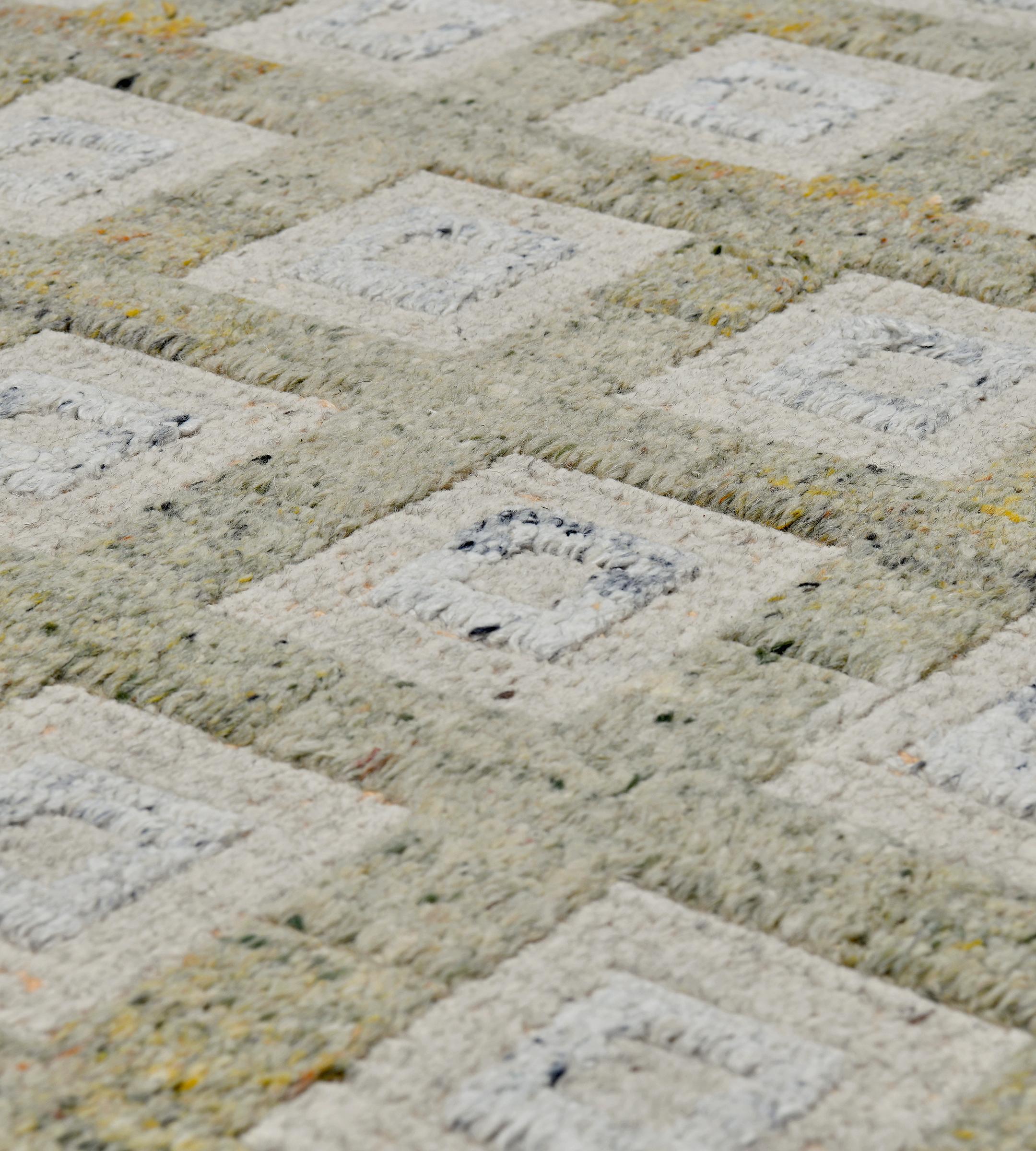 New Contemporary Handwoven Wool Beige Squares Swedish-Inspired Rug For Sale 2