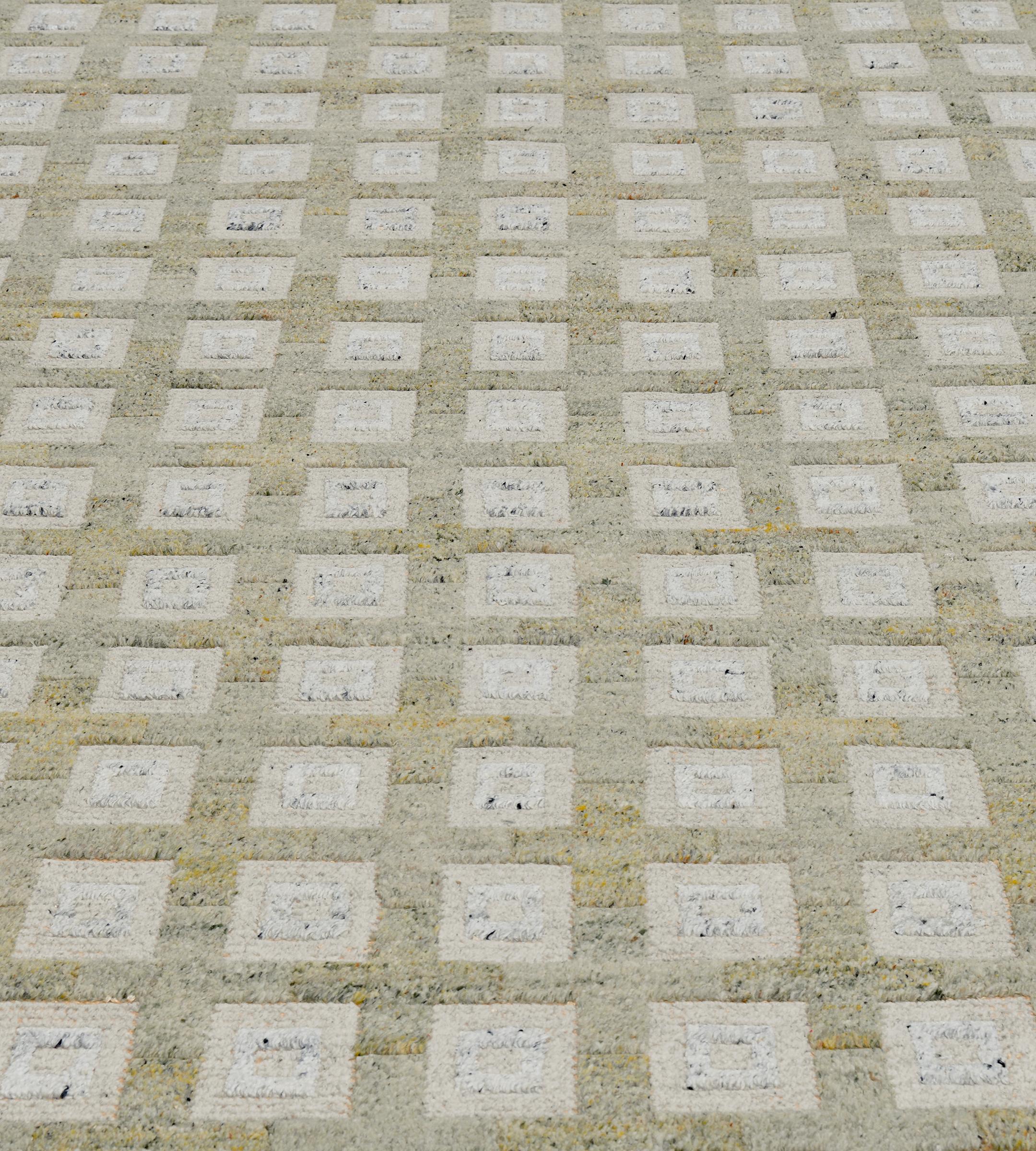 New Contemporary Handwoven Wool Beige Squares Swedish-Inspired Rug For Sale 3