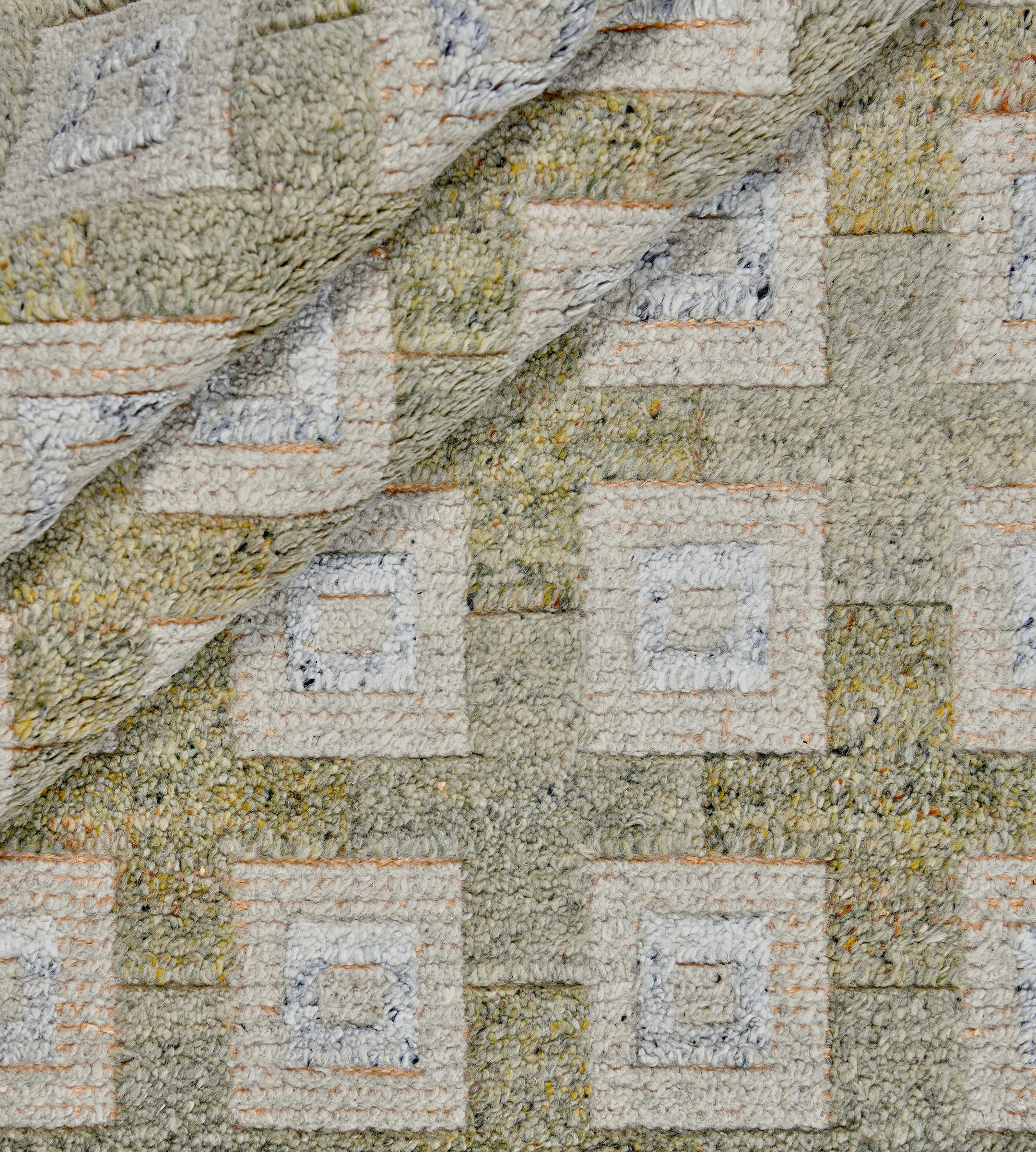 New Contemporary Handwoven Wool Beige Squares Swedish-Inspired Rug For Sale 4