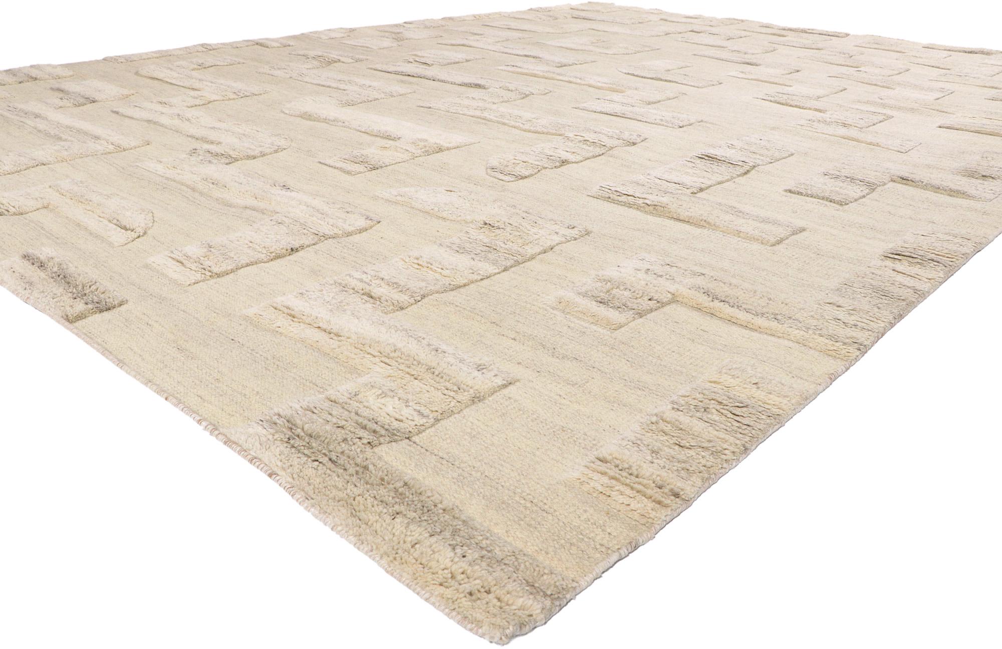 30889 New Contemporary High-Low Textured Rug, 10'02 x 13'11. This exquisite contemporary high-low textured rug, hand-knotted in the storied workshops of India, whispers a timeless tale through its subdued palette and sculptural grace. Woven from