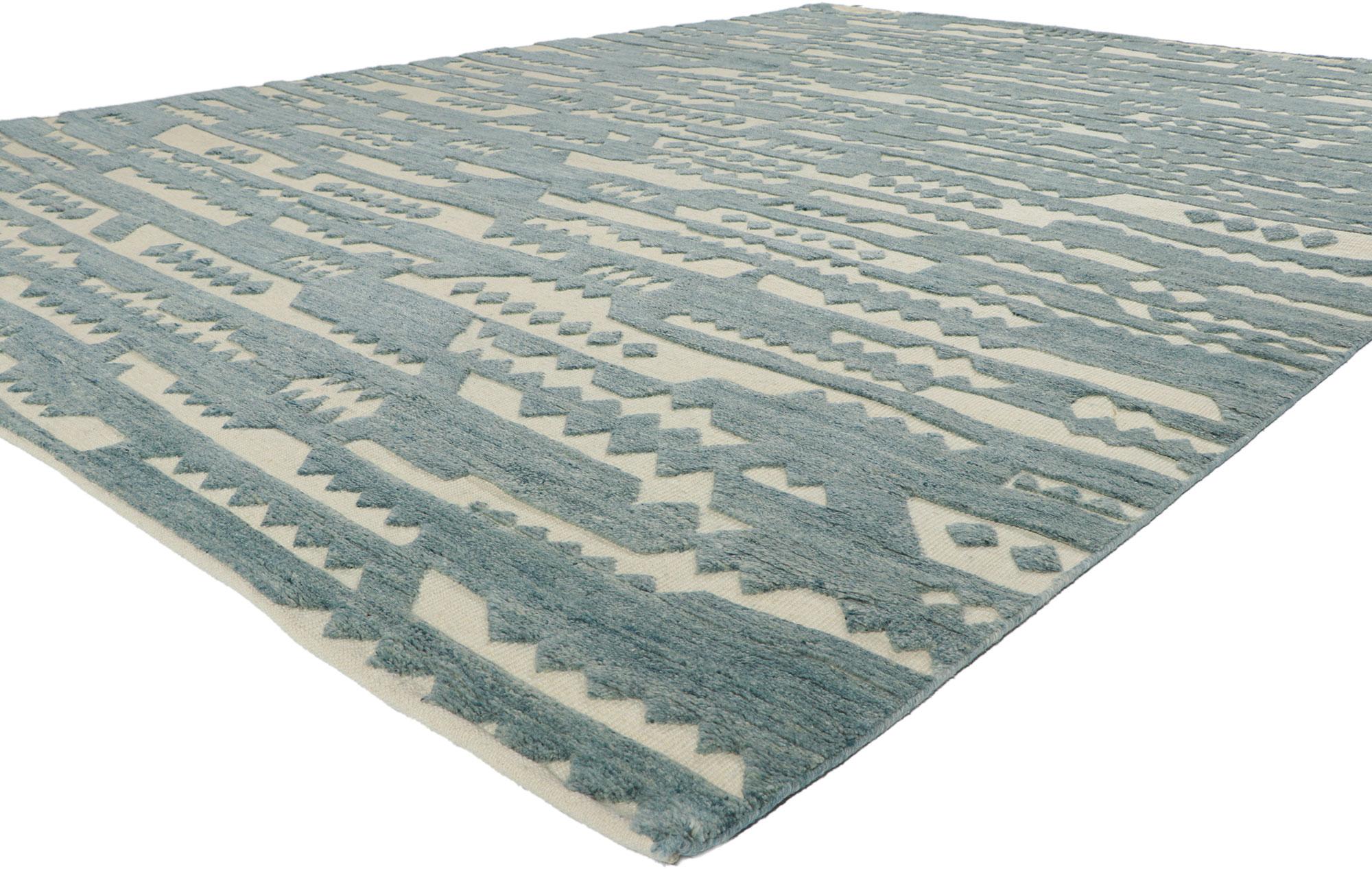 30888 New Contemporary high-low textured rug, 08'10 x 12'00. With its nomadic charm, incredible detail and texture, this hand knotted wool contemporary high-low rug is a captivating vision of woven beauty. The eye-catching tribal pattern and soft