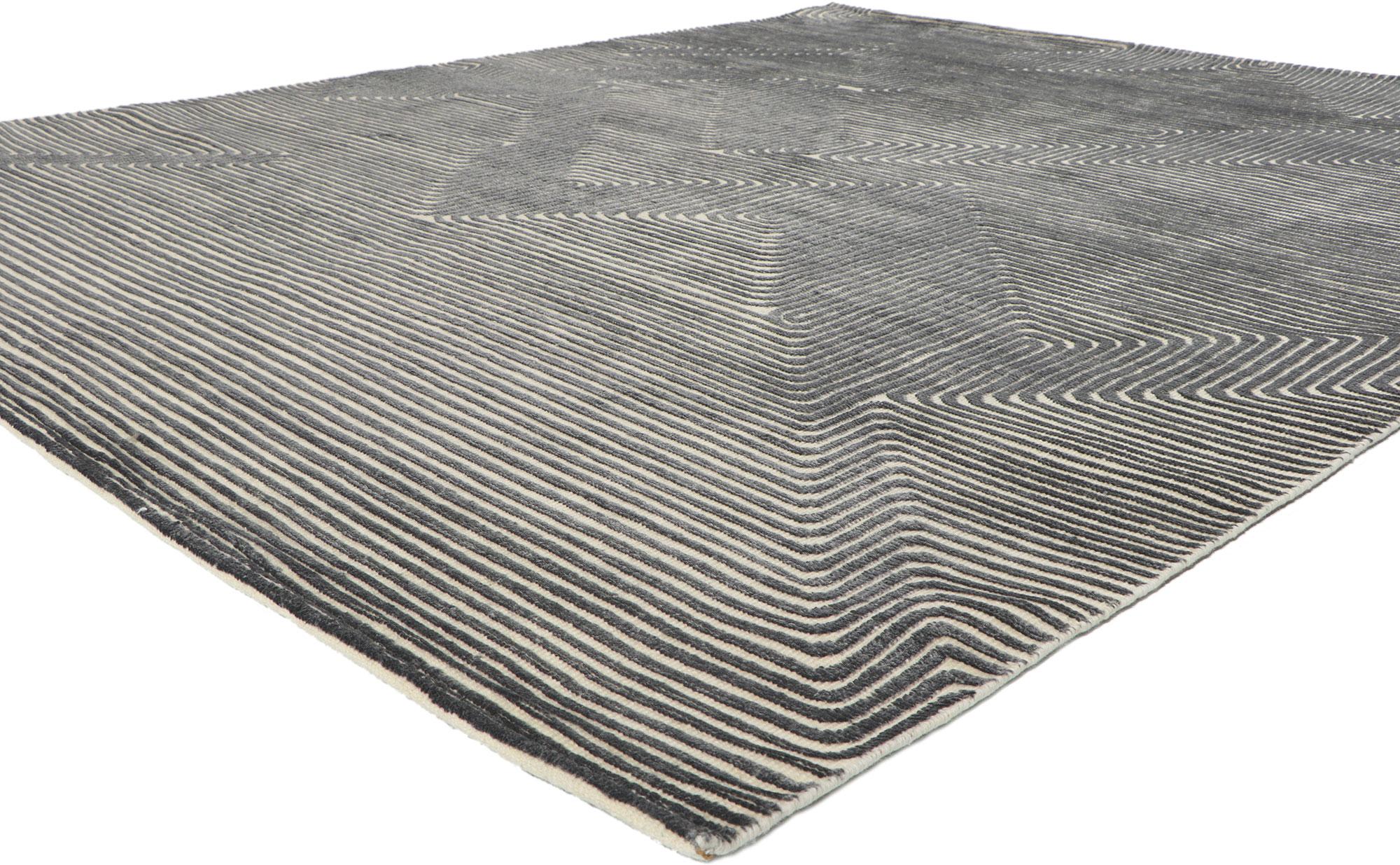 30887 New Contemporary high-low textured rug, 08'01 x 09'10. Reflecting well-balanced asymmetry with incredible detail and texture, this hand-knotted wool contemporary high-low rug is a captivating vision of woven beauty. The eye-catching linear