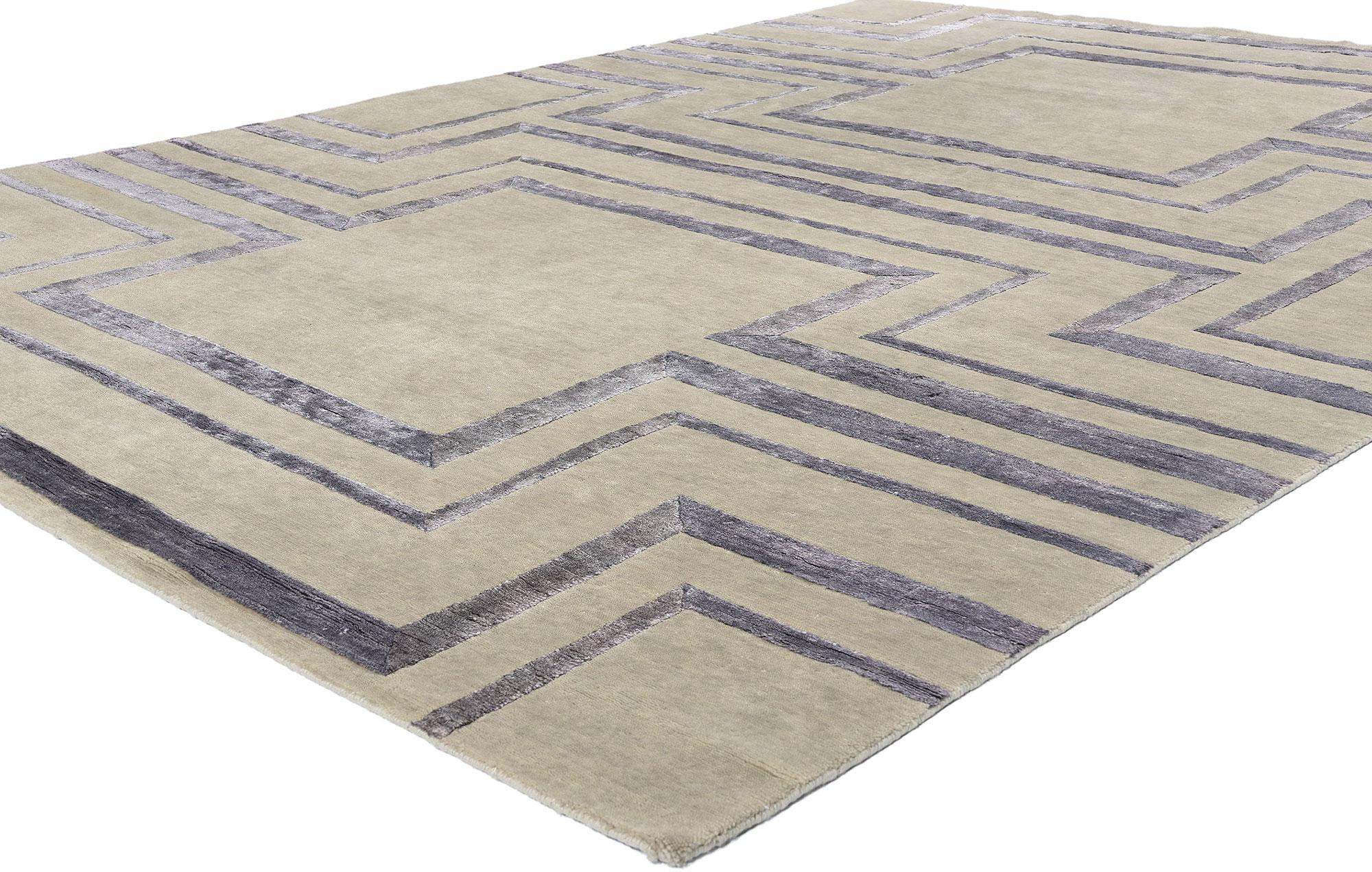 31021 New Transitional High-Low Wool and Silk Rug, 08'01 x 10'06. Steeped in the spirit of Art Deco elegance and crafted with the precision of preeminent artisans, this hand-knotted wool and silk Contemporary Art Deco rug stands as a rarefied