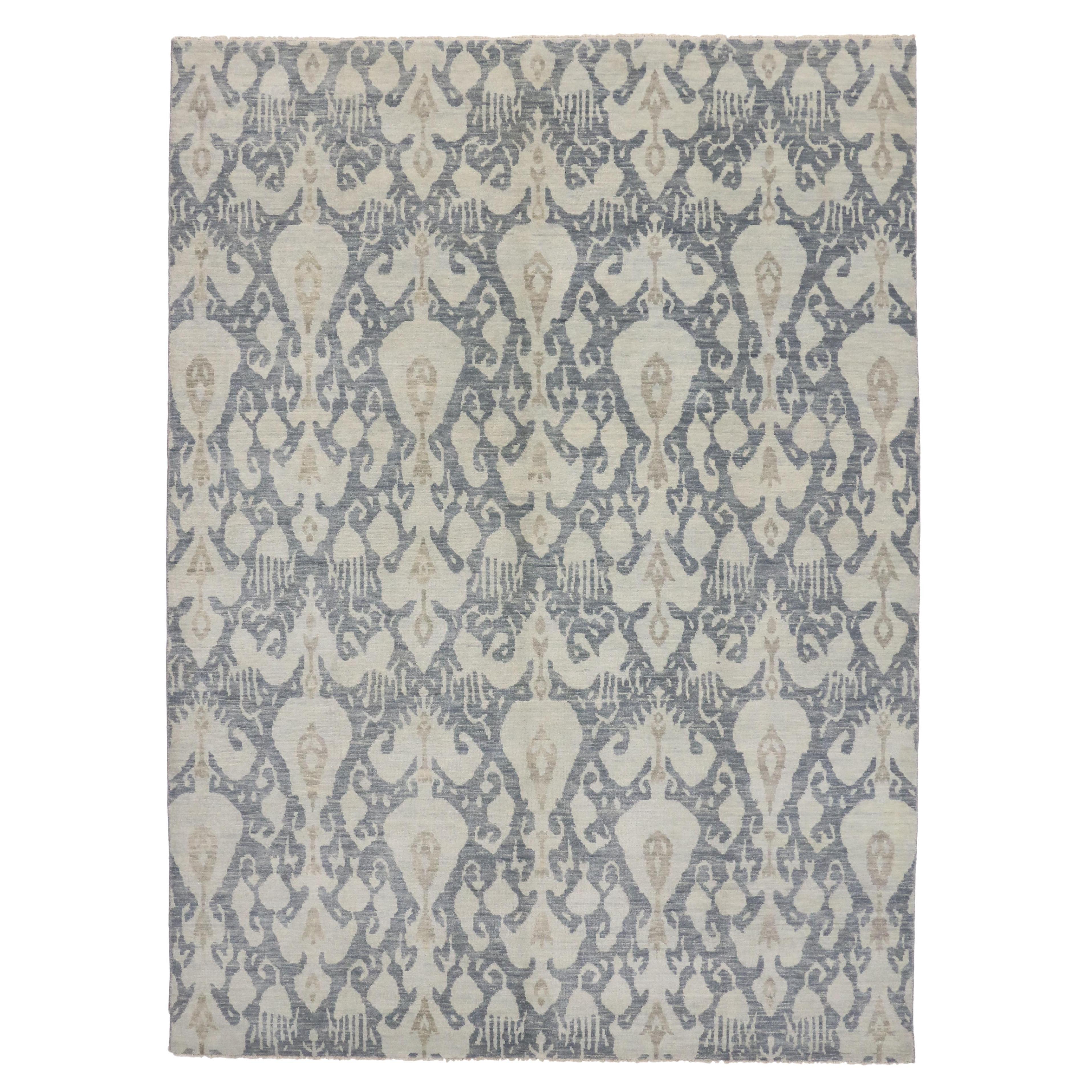 New Contemporary Navy Blue Ikat Area Rug with Modern Hollywood Regency Style For Sale at 1stDibs