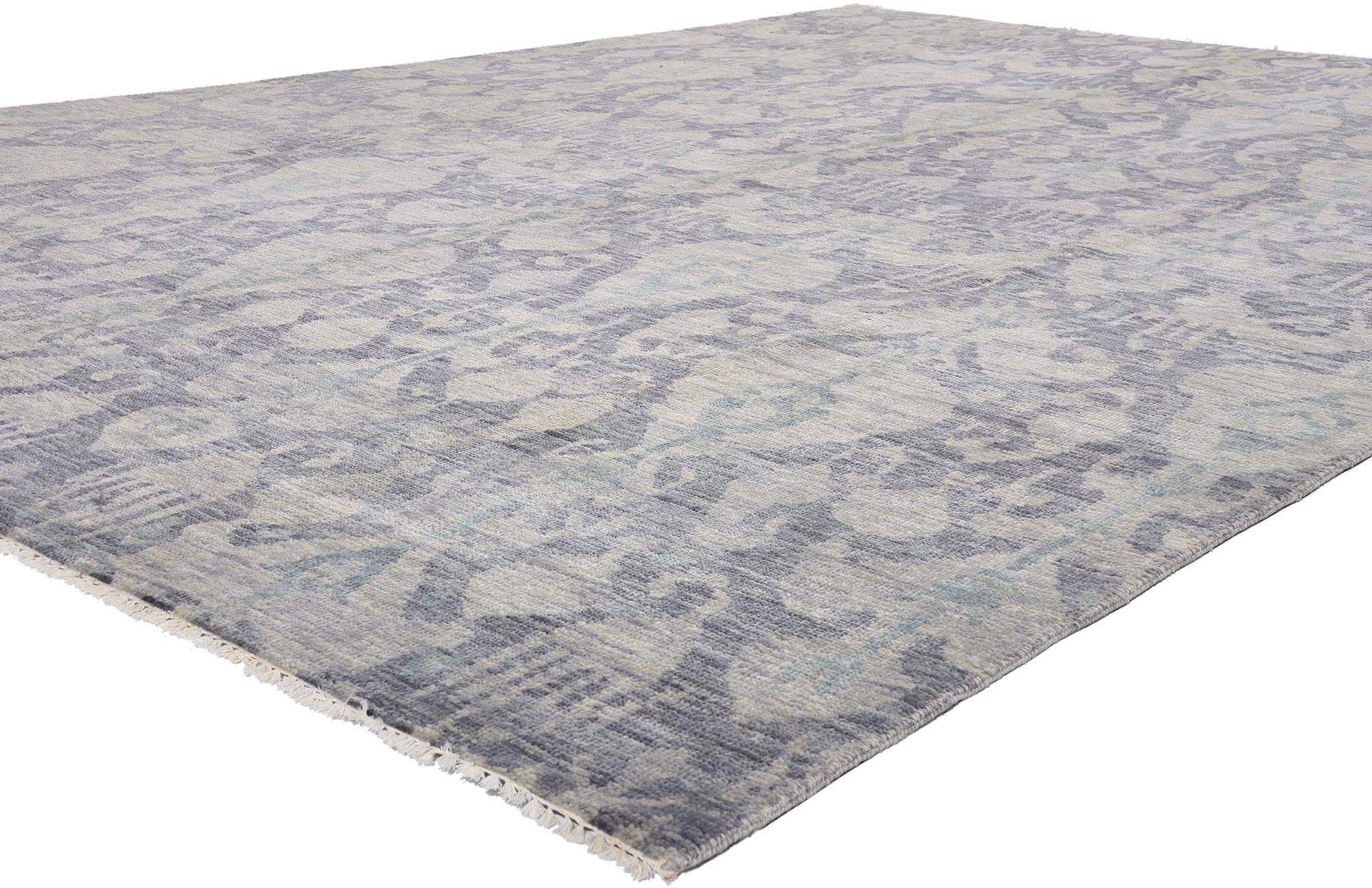 30263 New Transitional Blue Gray Ikat Rug, 09'11 x 14'00. Whispering of ancient dynasties and modern elegance, this hand-knotted wool transitional Ikat rug from India invites the discerning eye into a world where legacy meets design purity. Rendered