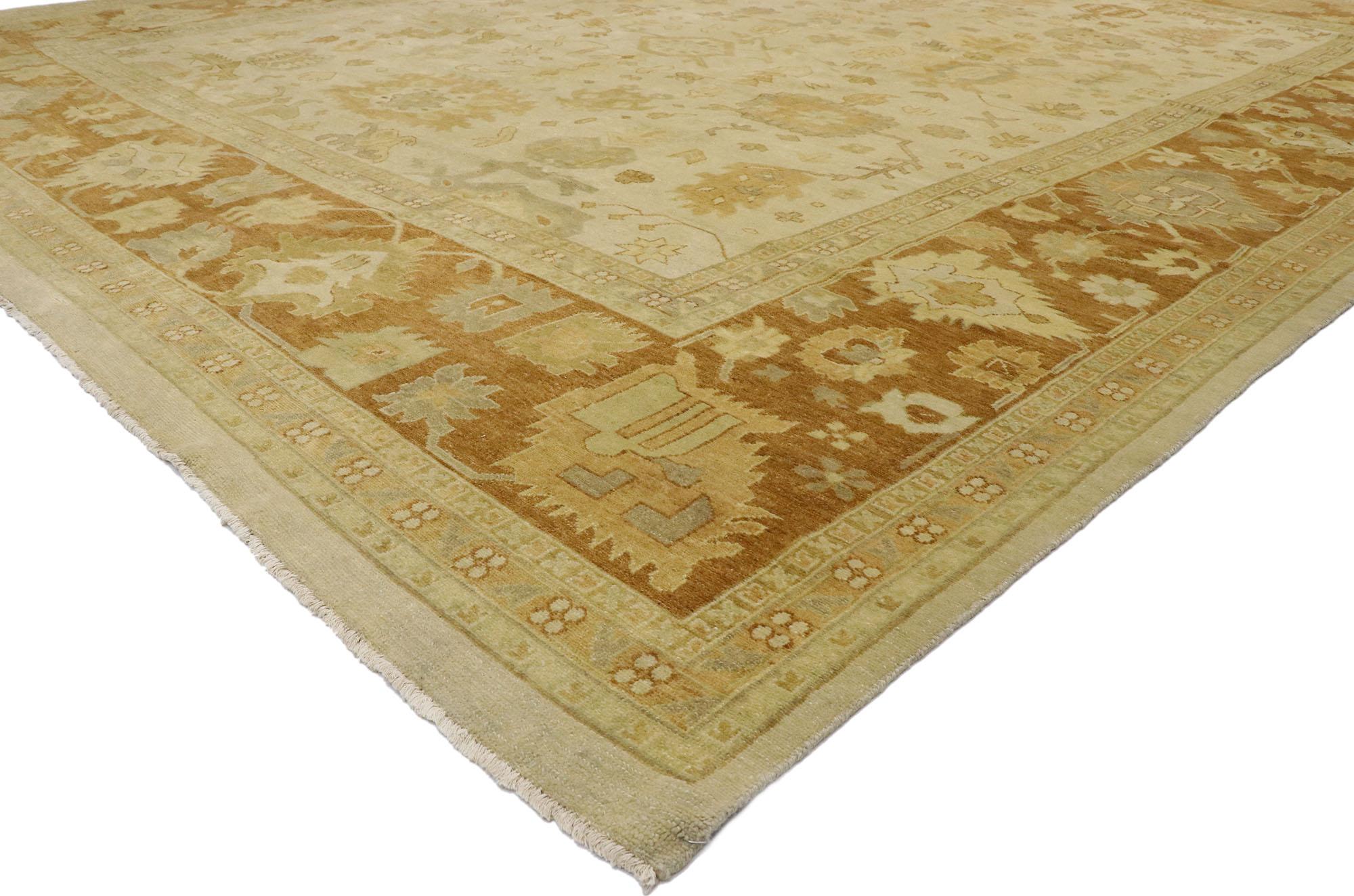 30175 new Contemporary Indian Oushak rug with Rustic Cottage Southern Living style 12'03 x 14'09. Warm and collected, this modern rustic Oushak style rug brims with casual, lived-in charm. Combining these contrasting rural colors and traditional