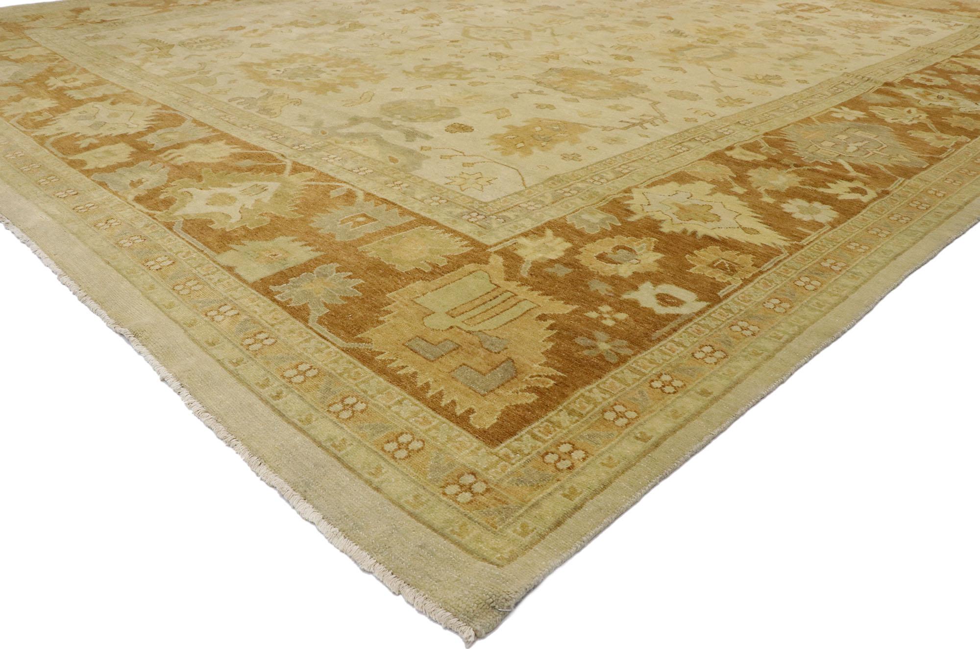 30175 nuovo tappeto Oushak indiano contemporaneo con stile Rustic Cottage Southern Living 12'03 x 14'09. Caldo e raccolto, questo tappeto moderno e rustico in stile Oushak emana un fascino casual e vissuto. La combinazione di questi colori rurali