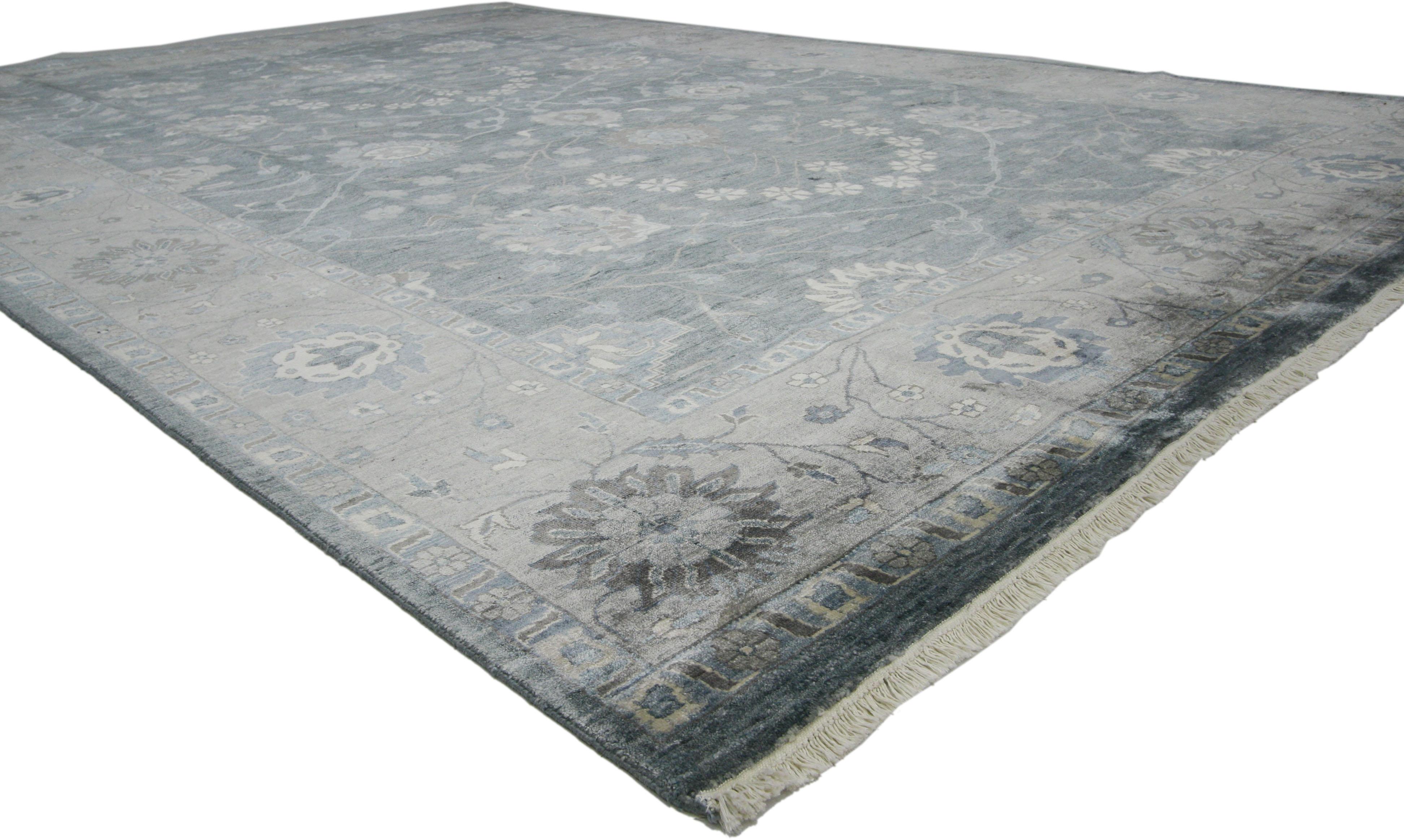 30020 new contemporary Indian Oushak wool & silk rug with modern style. Seasonally charming yet perennially fresh, this hand-knotted wool and silk contemporary Indian Oushak rug is poised to impress. This modern Oushak rug features an all-over