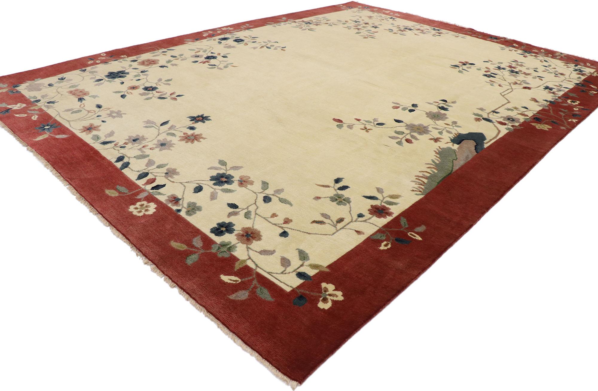 30569 New Contemporary Chinese Art Deco style rug Inspired by Walter Nichols. Channeling the famed Walter Nichols style of the 1920s and 1930s, this hand knotted wool new contemporary Chinese Art Deco rug features a lustrous vanilla field and brick
